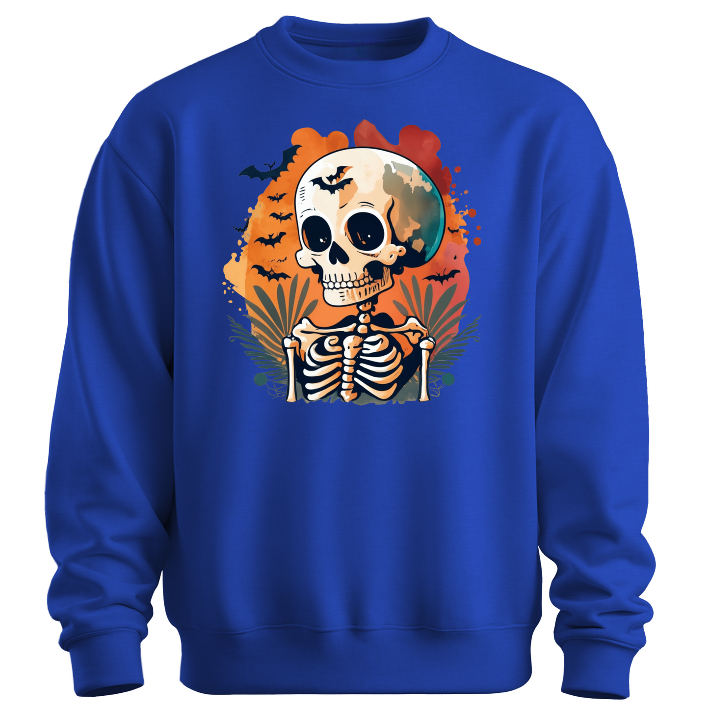 Blue sweatshirt with a Halloween-themed design featuring a skeleton and skull surrounded with bats.