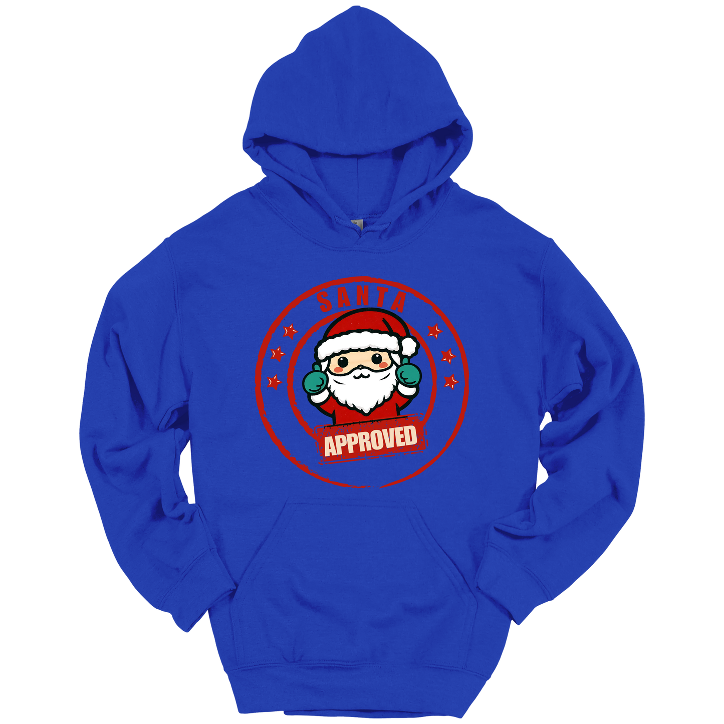 Blue Christmas hoodie with a Santa Claus graphic and 'Approved' text.
