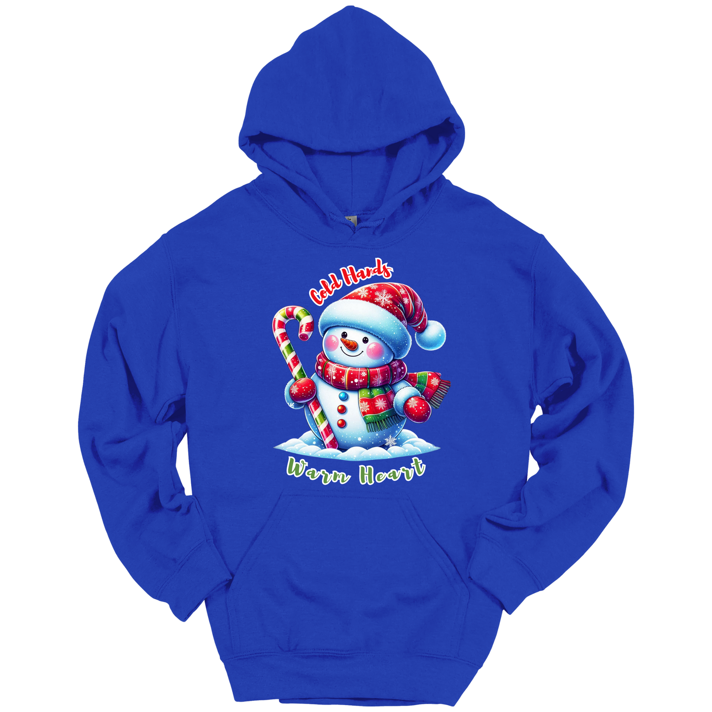Blue Christmas hoodie with a snowman graphic with a text "Cold Hands Warm Hearts"