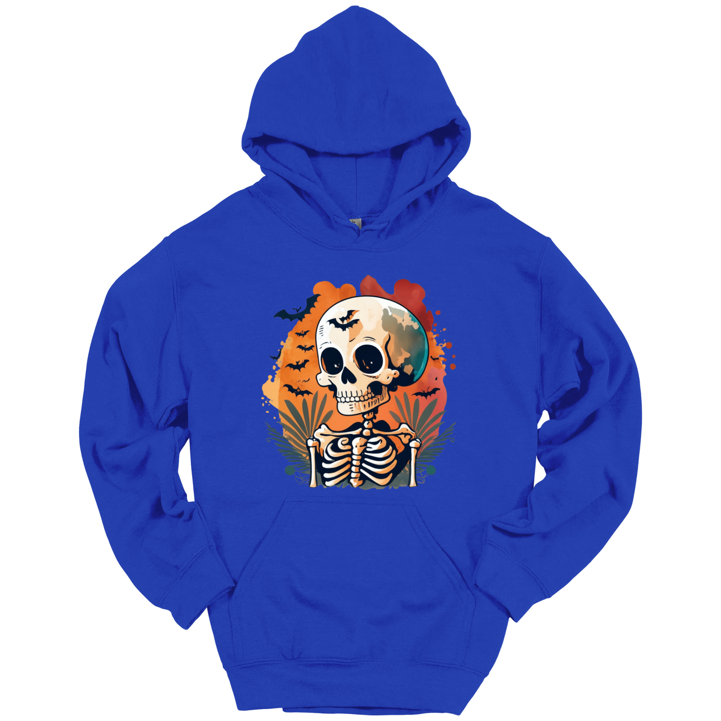 Blue hoodie with a Halloween-themed design featuring a skull and skeleton surrounded with bats.