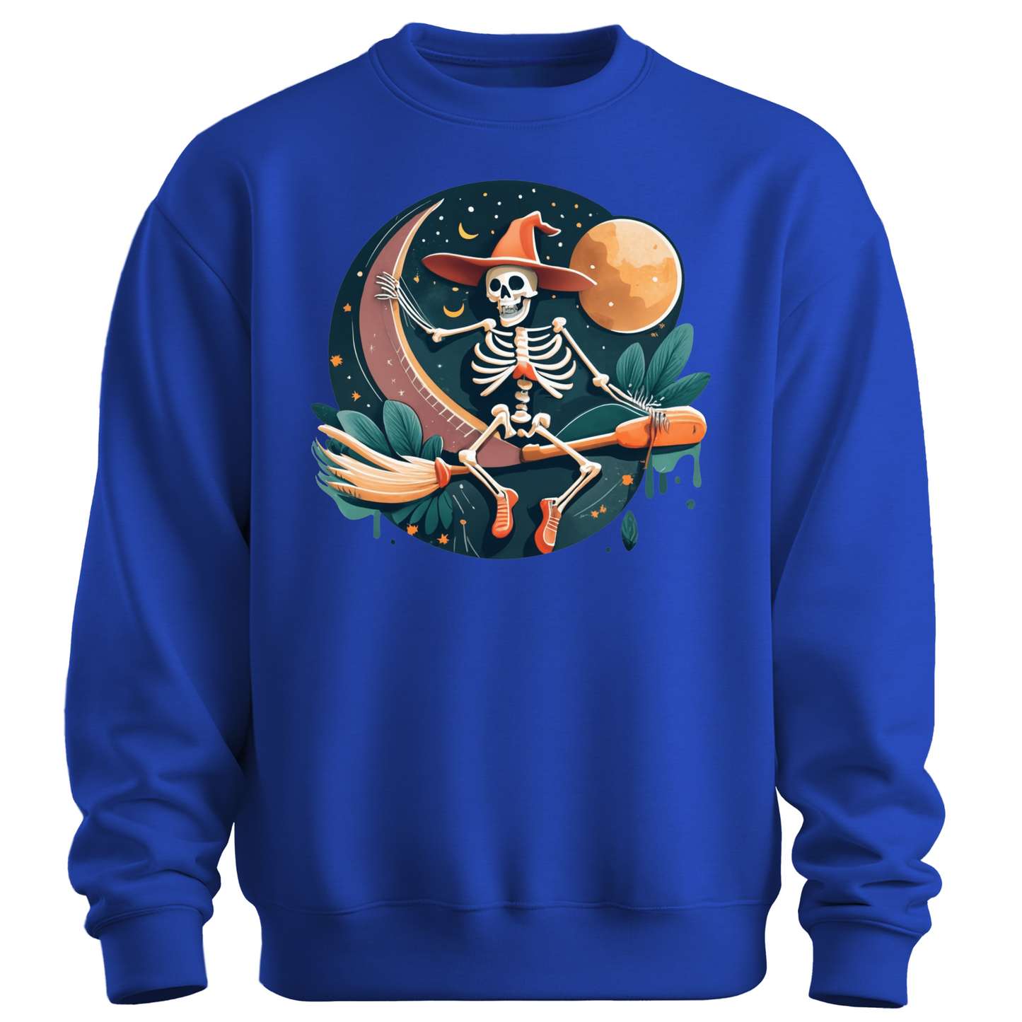 Blue halloween sweatshirt with a skeleton on a broomstick wearing a witch hat in the night time.