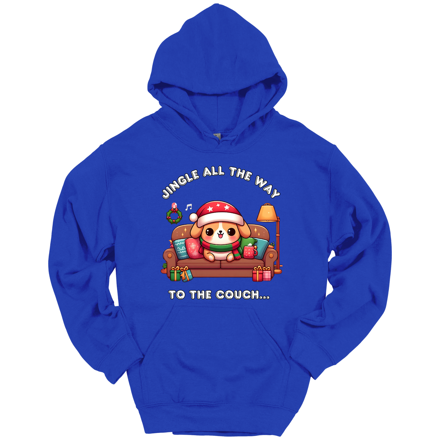 Blue hoodie with Christmas-themed design of a dog on a couch and text 'Jingle all the way to the couch'.