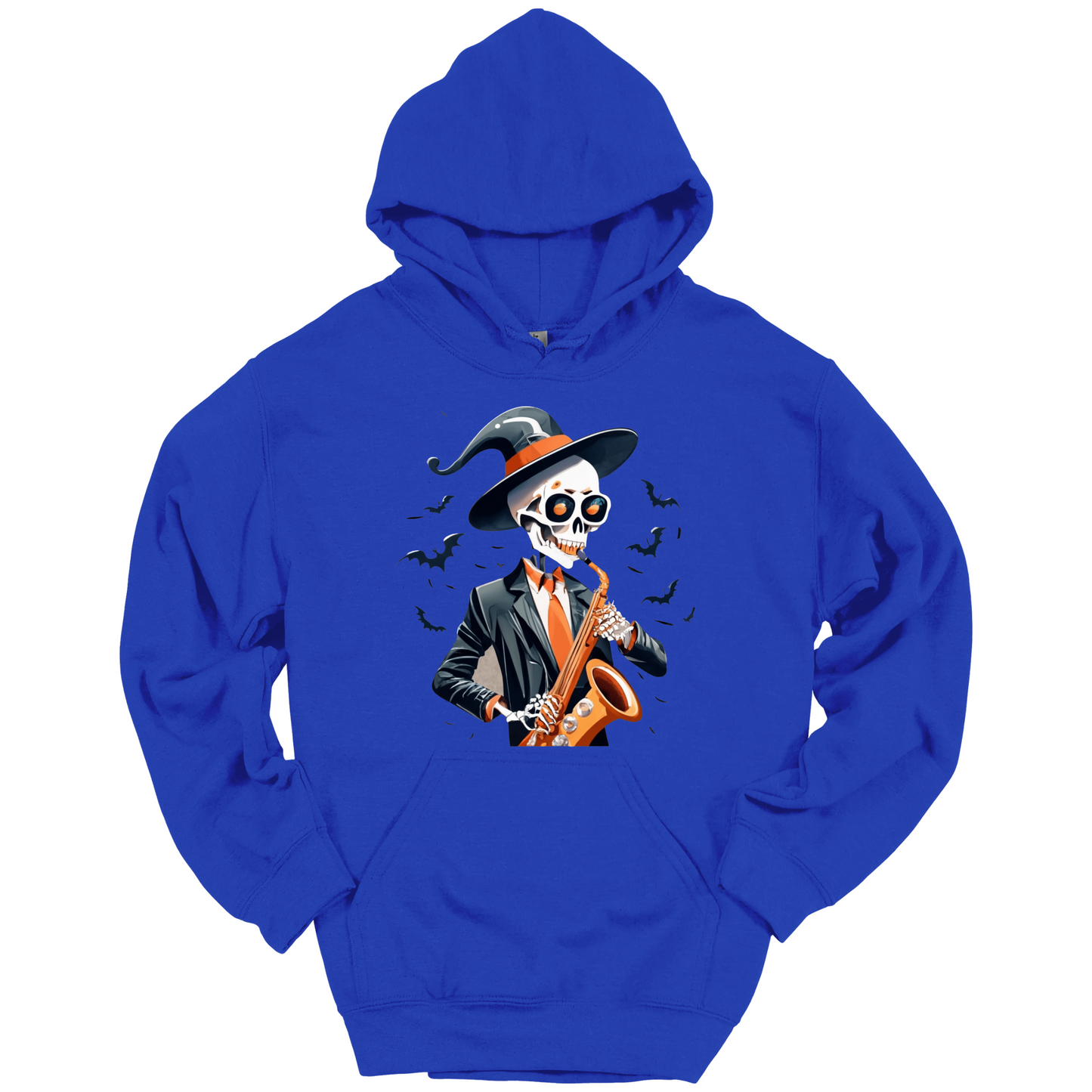 Blue halloween hoodie with a skeleton playing a saxophone and wearing a witch hat, surrounded by bats.