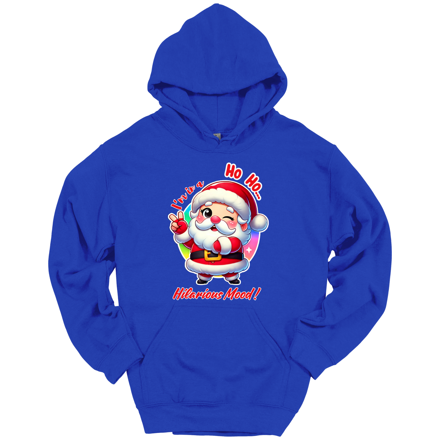 Blue Christmas hoodie with a cartoon Santa Claus design