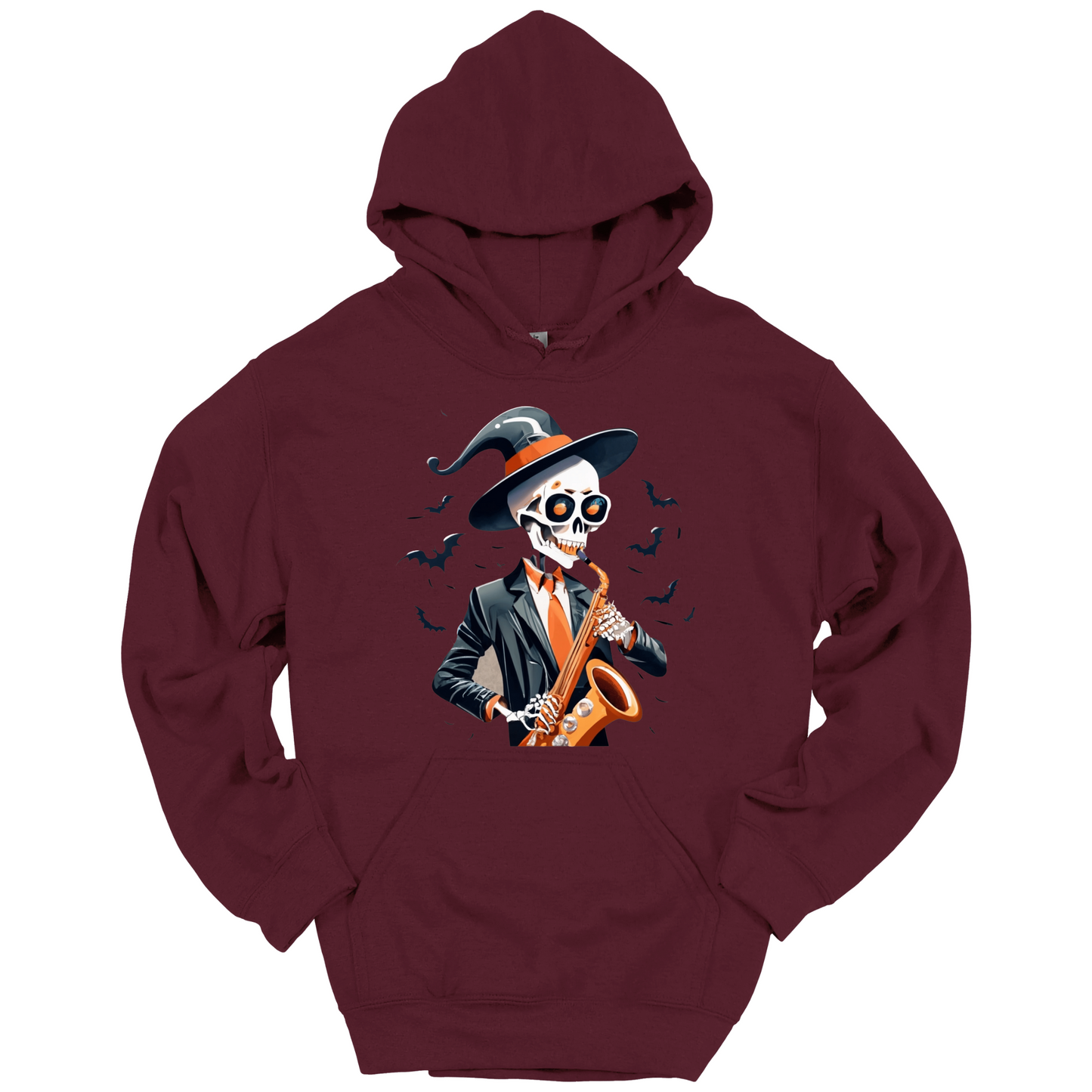 Maroon halloween hoodie with a skeleton playing a saxophone and wearing a witch hat, surrounded by bats.