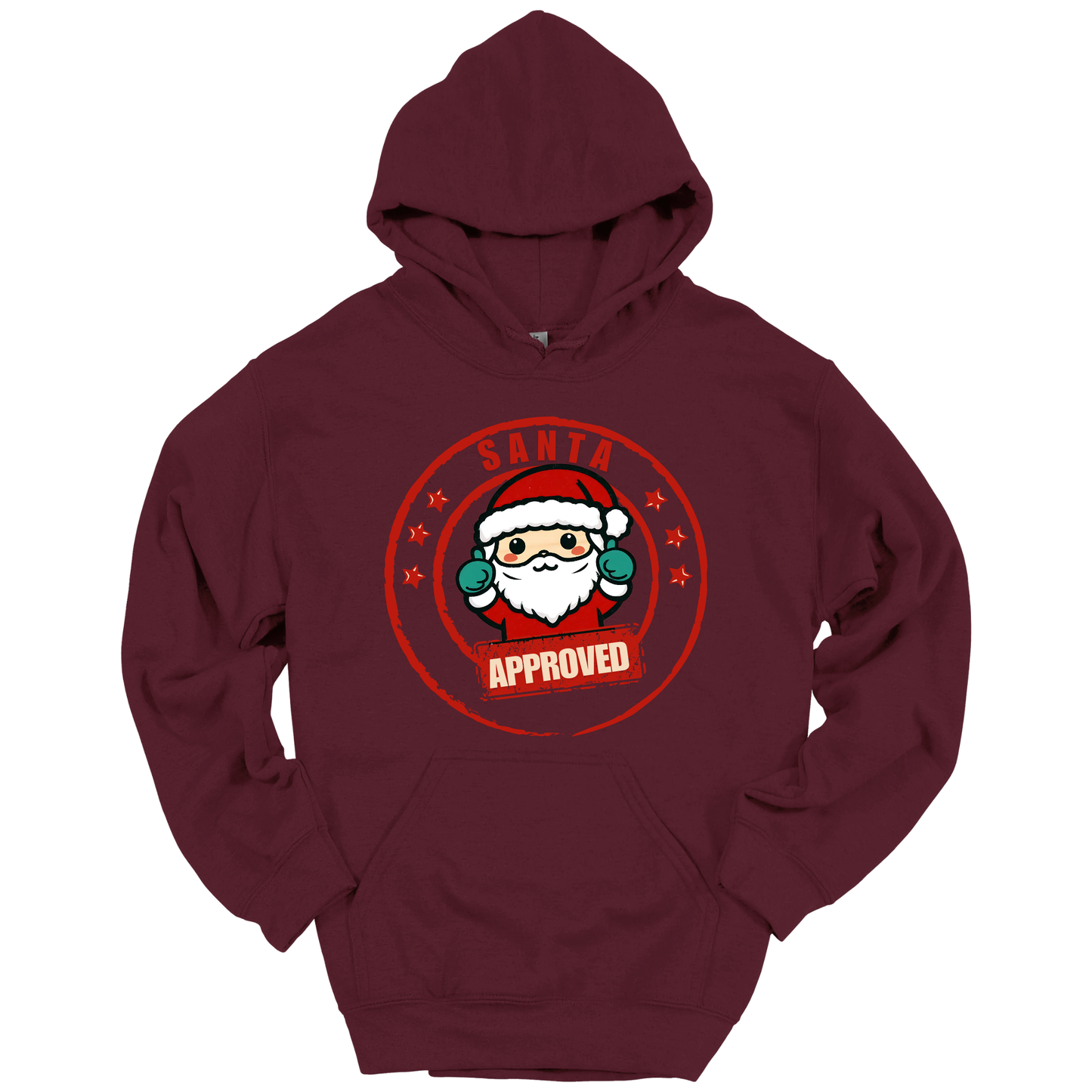 Maroon Christmas hoodie with a Santa Claus graphic and 'Approved' text.