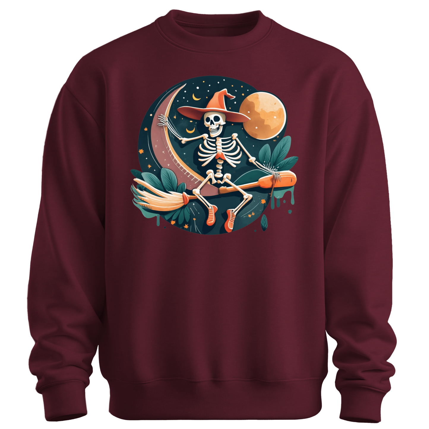 Maroon halloween sweatshirt with a skeleton on a broomstick wearing a witch hat in the night time.