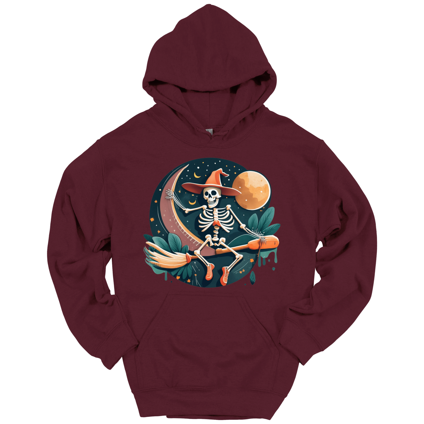 Maroon halloween hoodie with a skeleton on a broomstick wearing a witch hat in the night time.