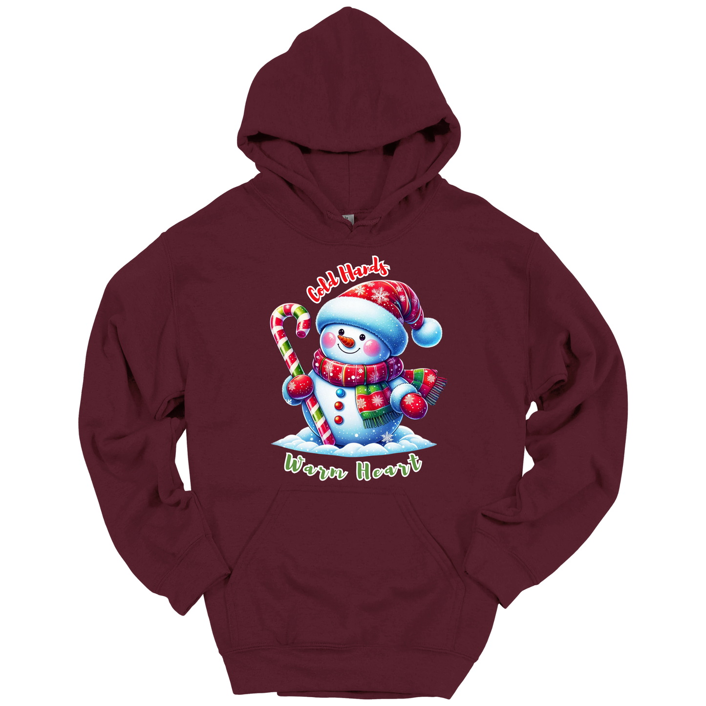 Maroon Christmas hoodie with a snowman graphic with a text "Cold Hands Warm Hearts"