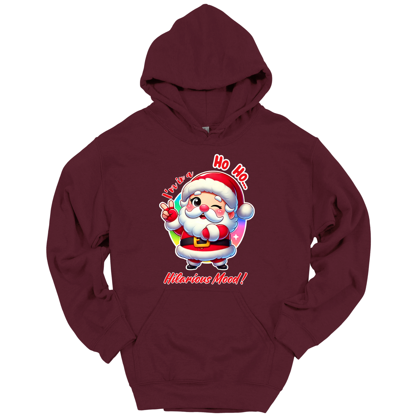 Maroon Christmas hoodie with a cartoon Santa Claus design