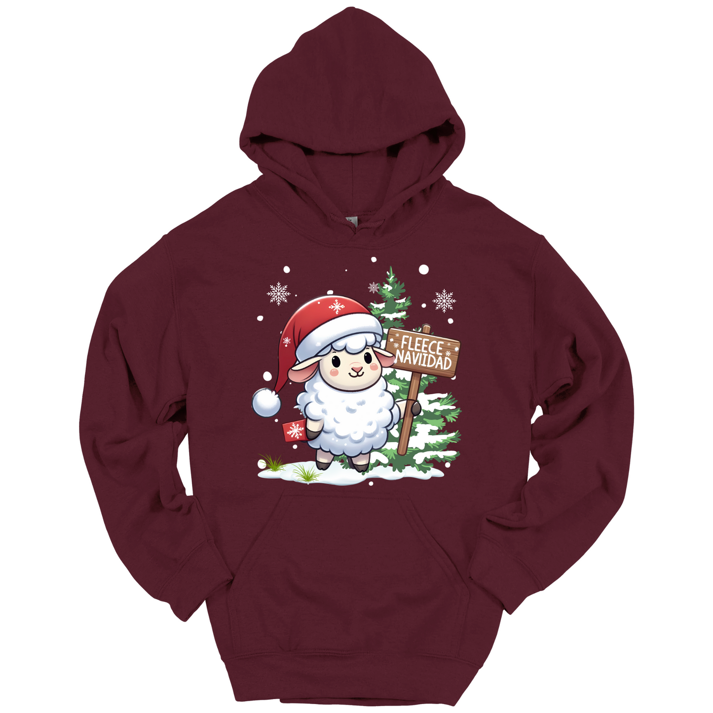 Maroon Christmas hoodie with a Christmas-themed design featuring a sheep in a Santa hat and a sign.