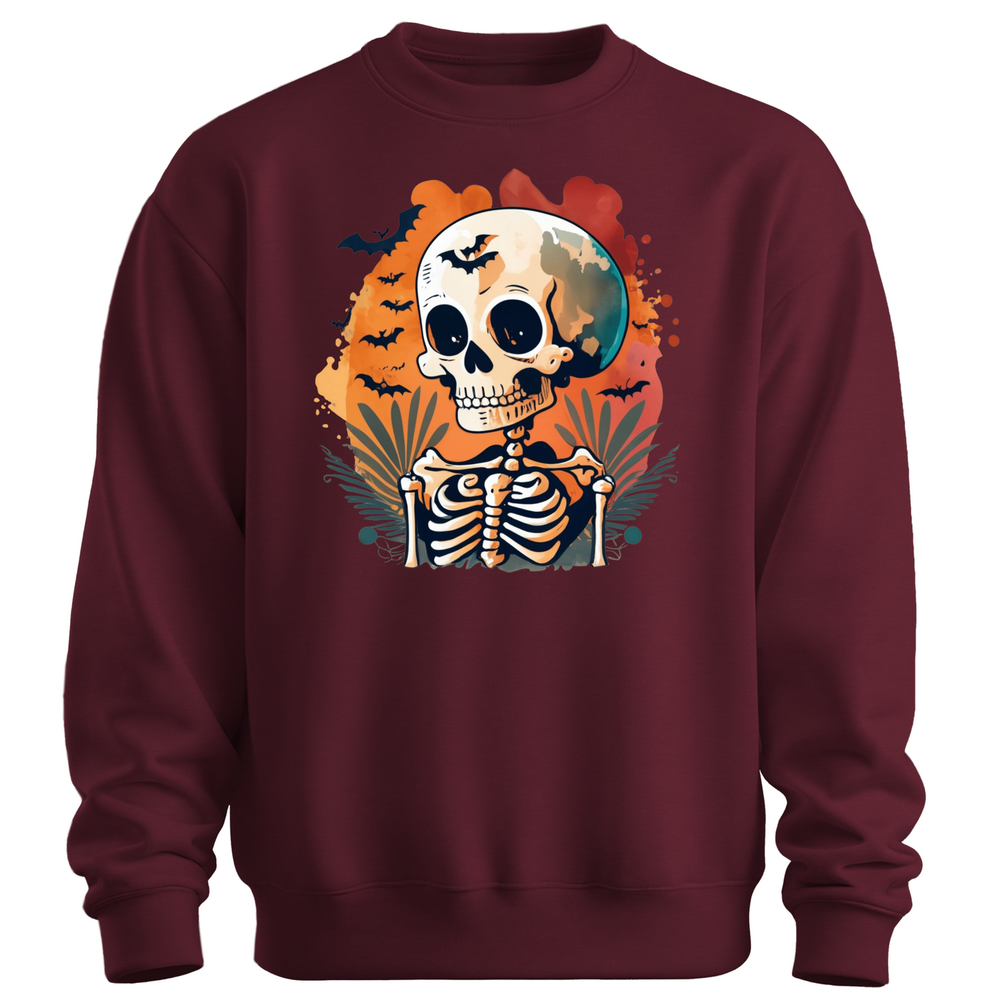 Maroon sweatshirt with a Halloween-themed design featuring a skeleton and skull surrounded with bats.