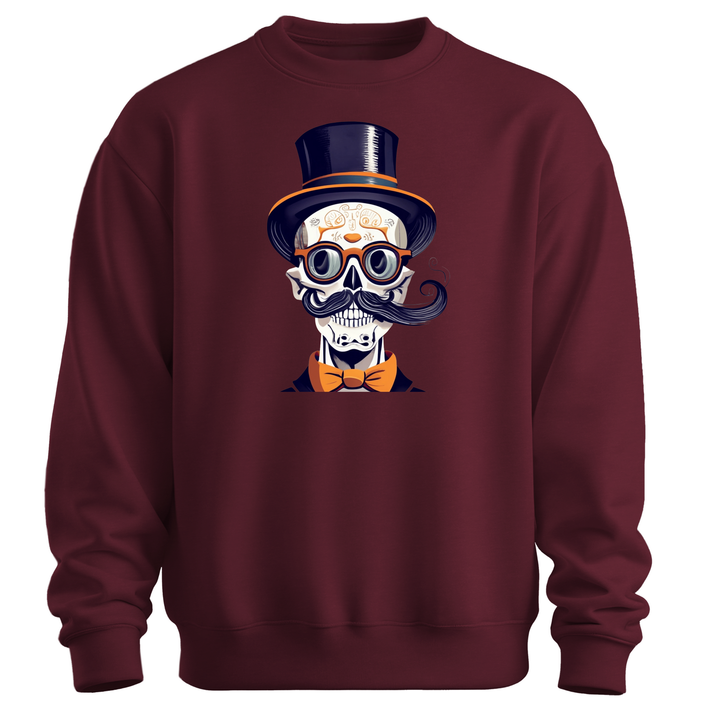 Maroon halloween sweatshirt with a skull wearing a top hat, glasses and a bow tie.