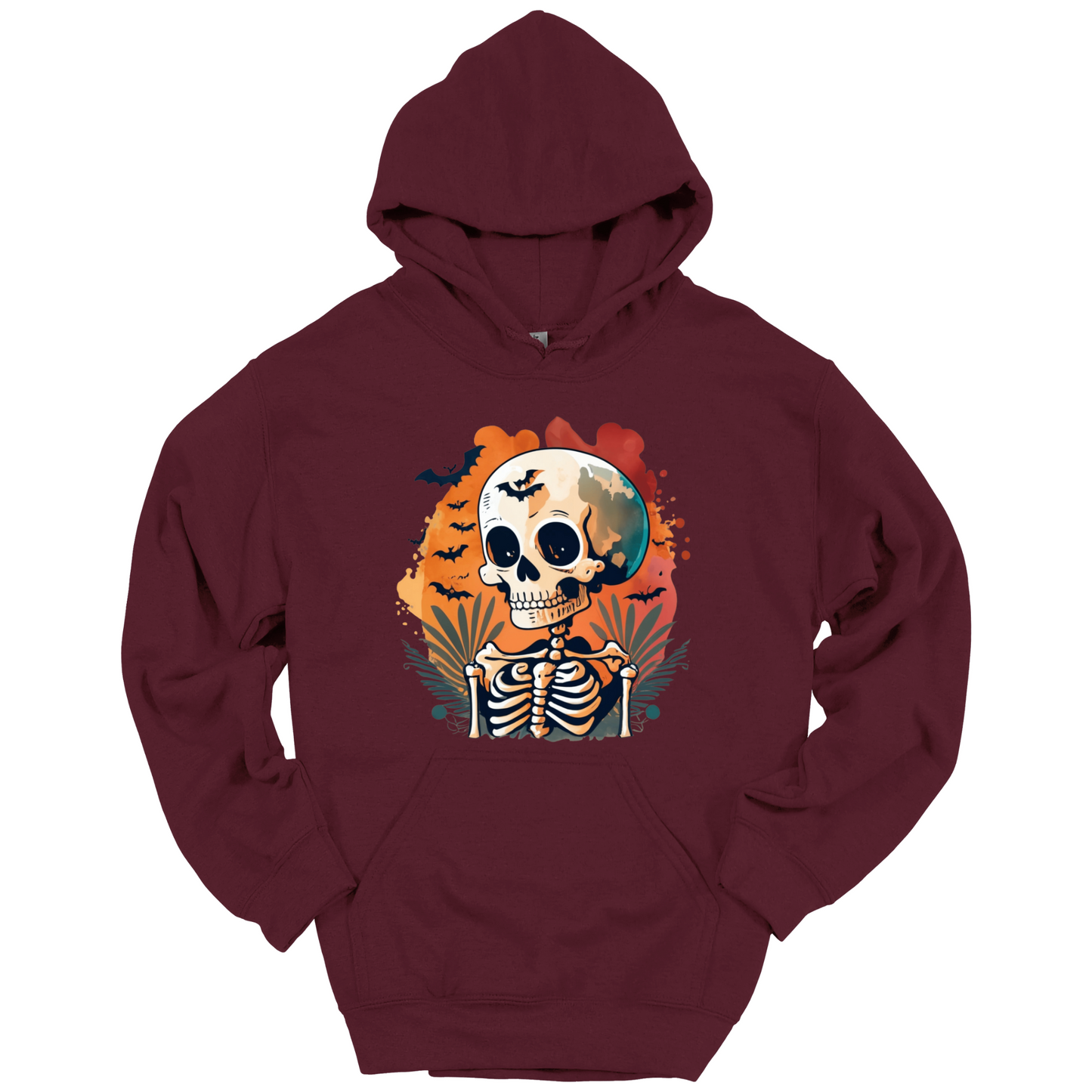 Maroon hoodie with a Halloween-themed design featuring a skull and skeleton surrounded with bats.