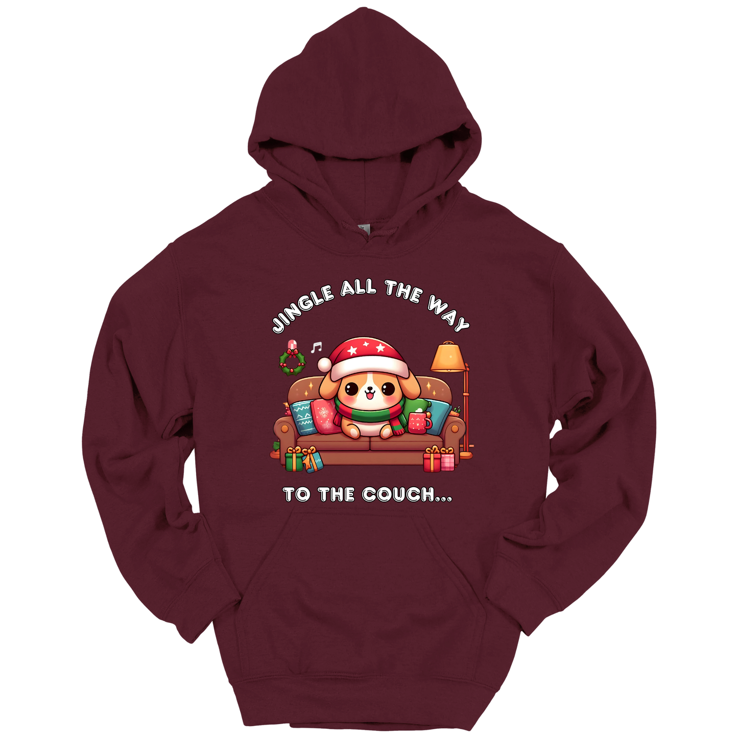 Maroon hoodie with Christmas-themed design of a dog on a couch and text 'Jingle all the way to the couch'.