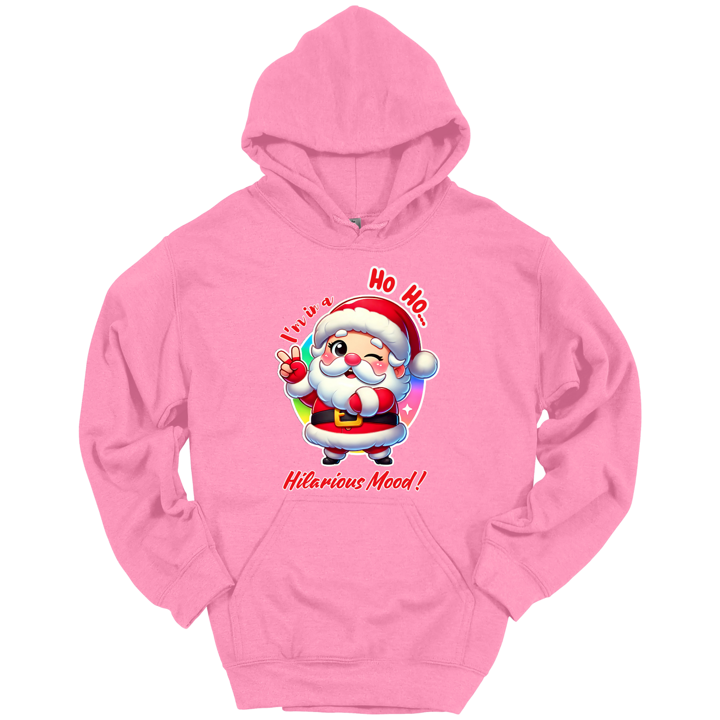 Pink Christmas hoodie with a cartoon Santa Claus design