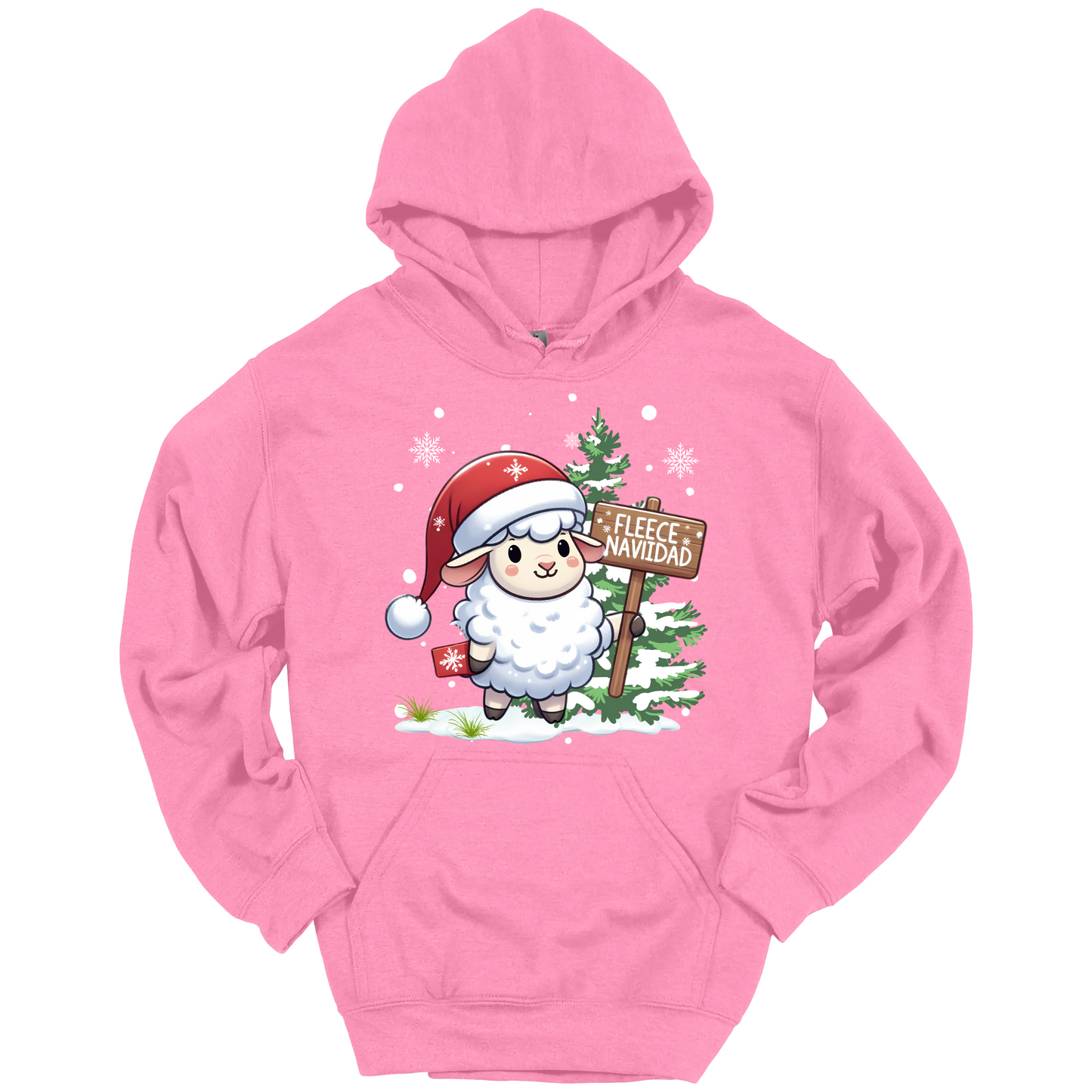 Pink Christmas hoodie with a Christmas-themed design featuring a sheep in a Santa hat and a sign.