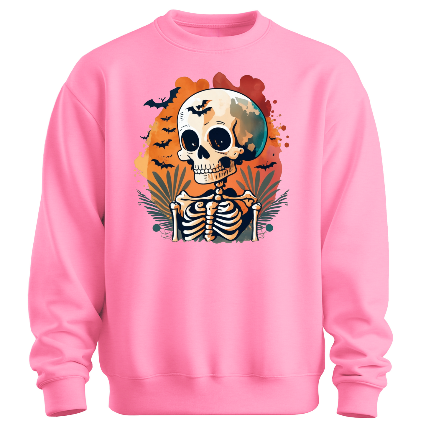 Pink sweatshirt with a Halloween-themed design featuring a skeleton and skull surrounded with bats.