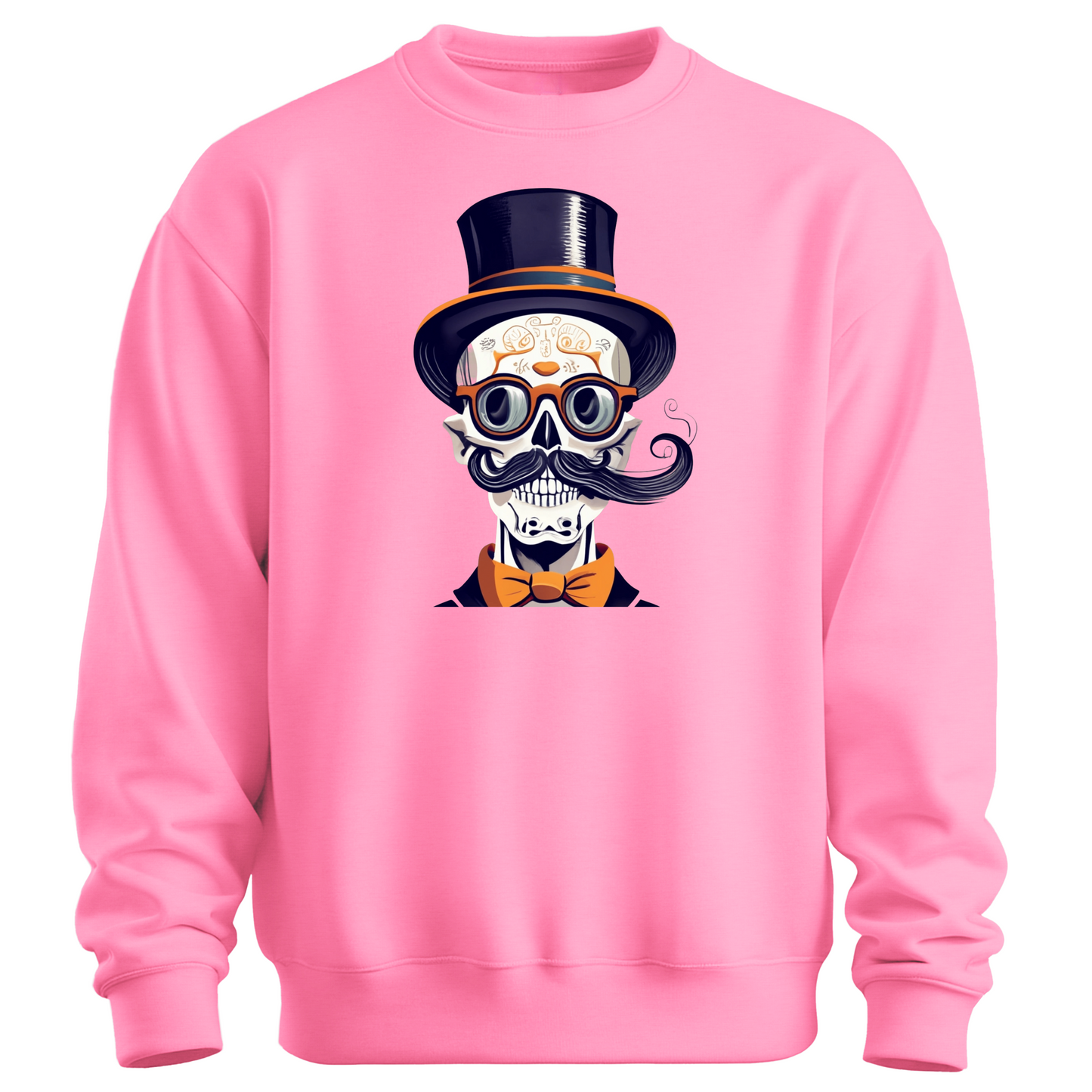 Pink halloween sweatshirt with a skull wearing a top hat, glasses and a bow tie.
