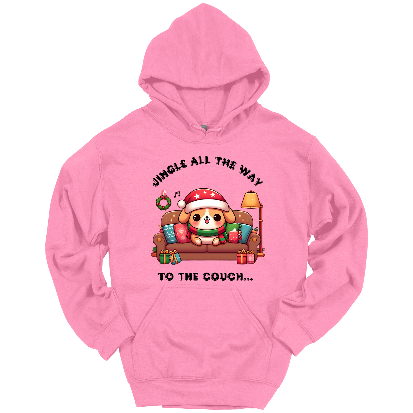 Pink hoodie with Christmas-themed design of a dog on a couch and text 'Jingle all the way to the couch'.