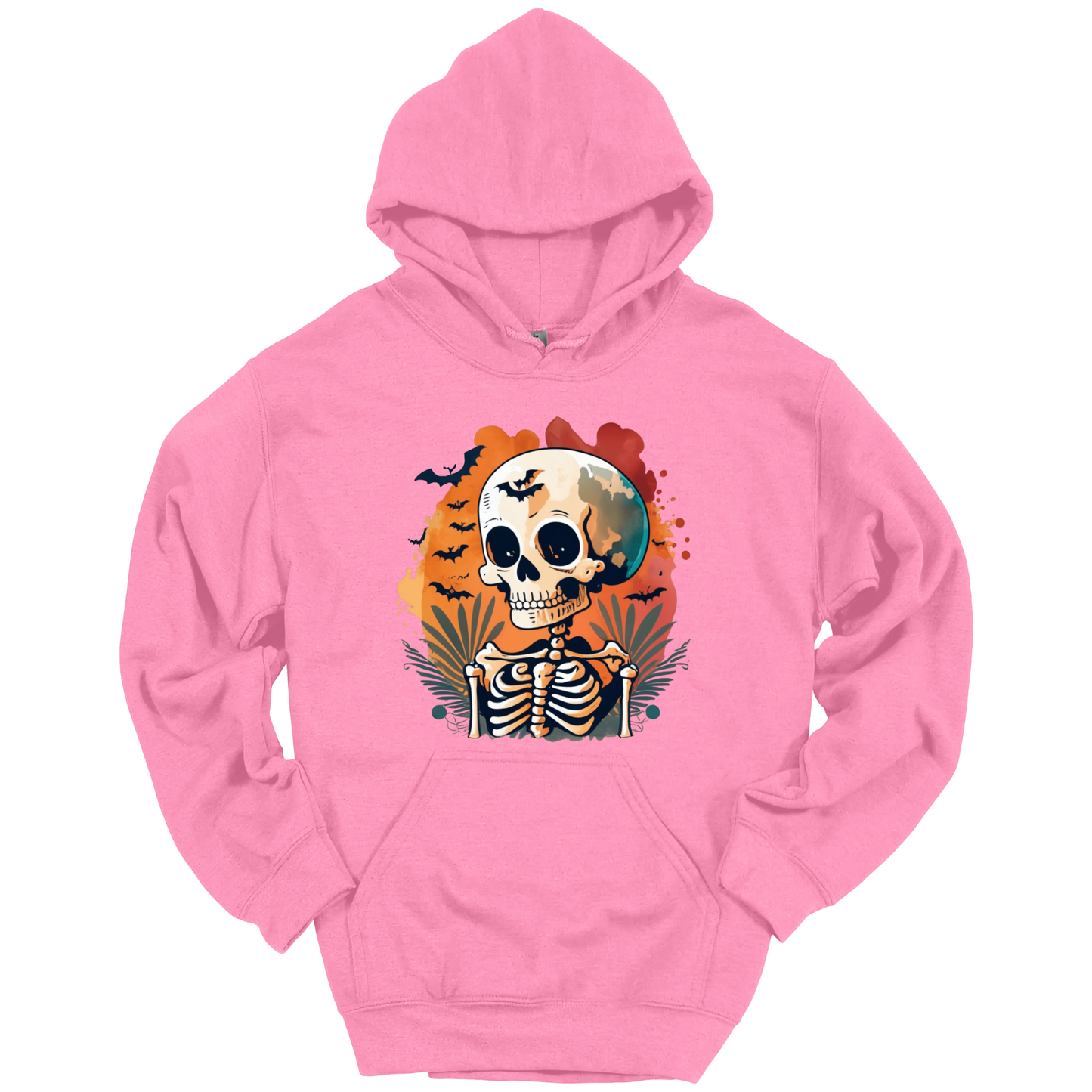 Pink hoodie with a Halloween-themed design featuring a skull and skeleton surrounded with bats.