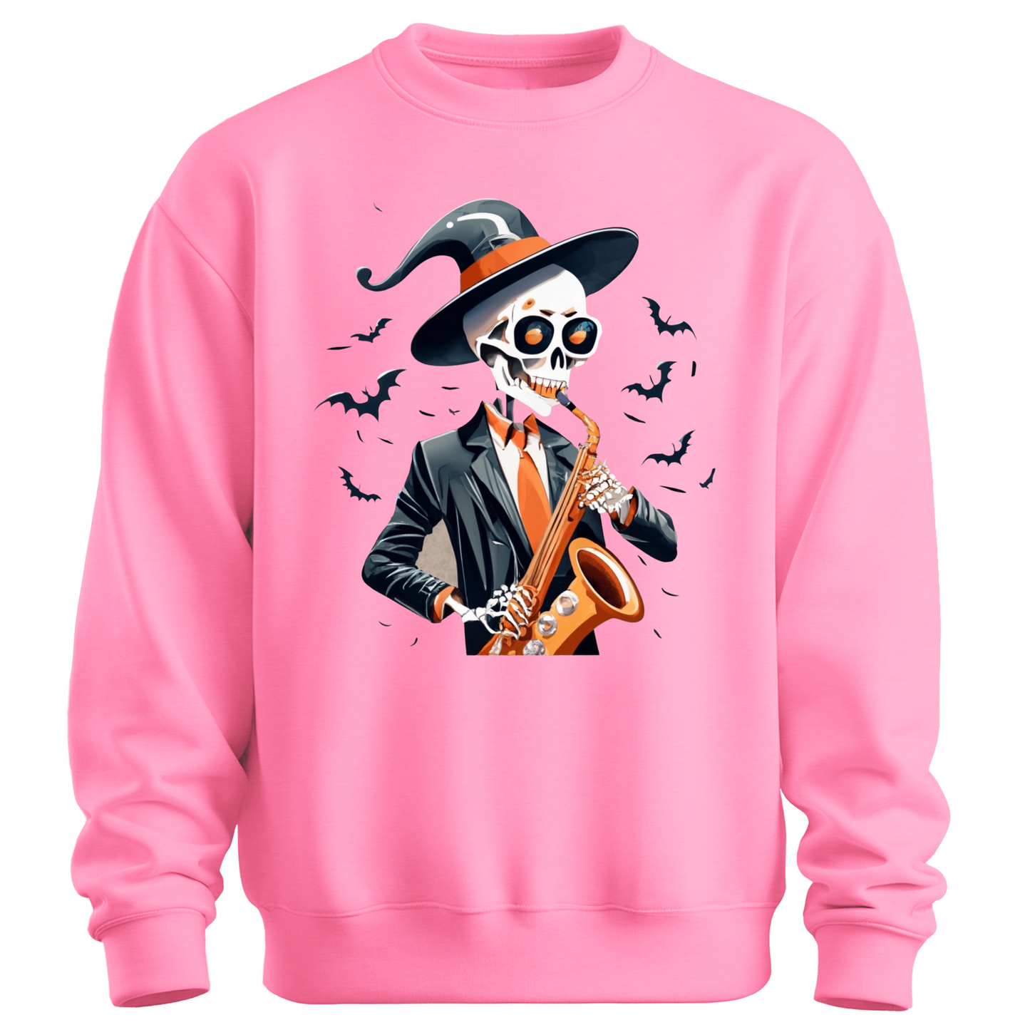 Pink halloween sweatshirt with a skeleton playing a saxophone and wearing a witch hat, surrounded by bats.
