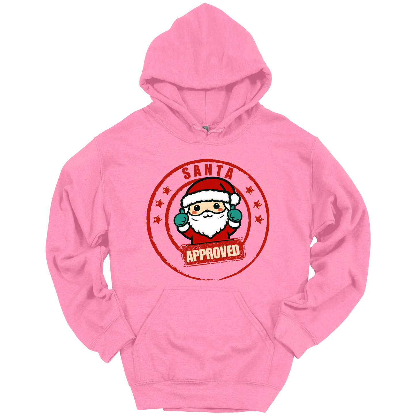 Pink Christmas hoodie with a Santa Claus graphic and 'Approved' text.