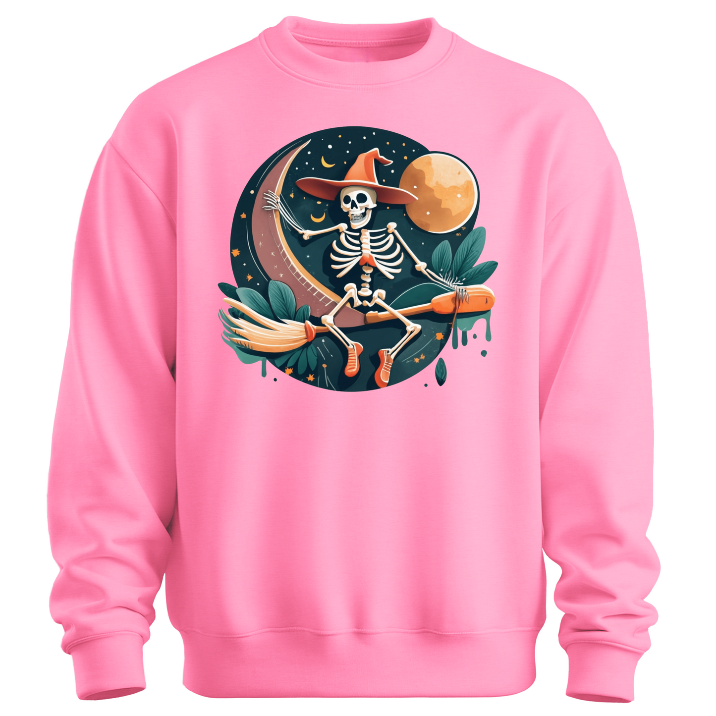 Pink halloween sweatshirt with a skeleton on a broomstick wearing a witch hat in the night time.