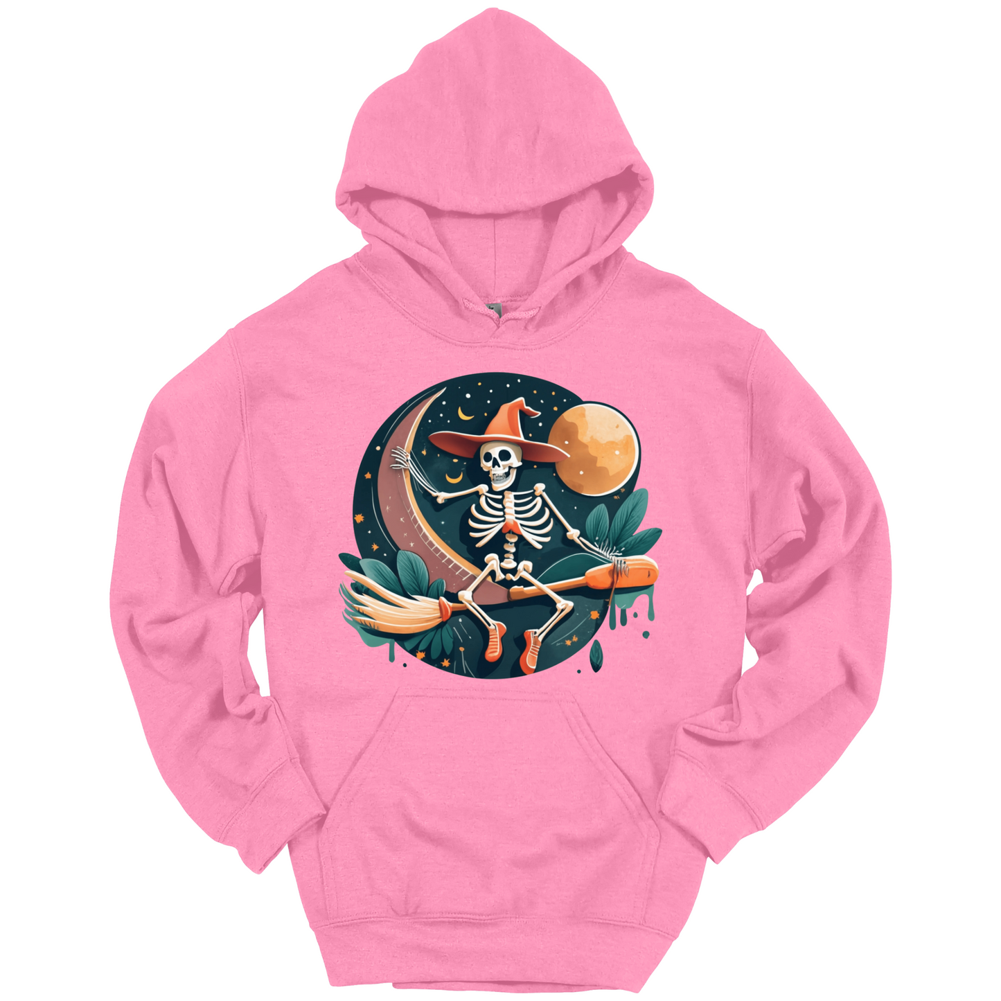 Pink halloween hoodie with a skeleton on a broomstick wearing a witch hat in the night time.