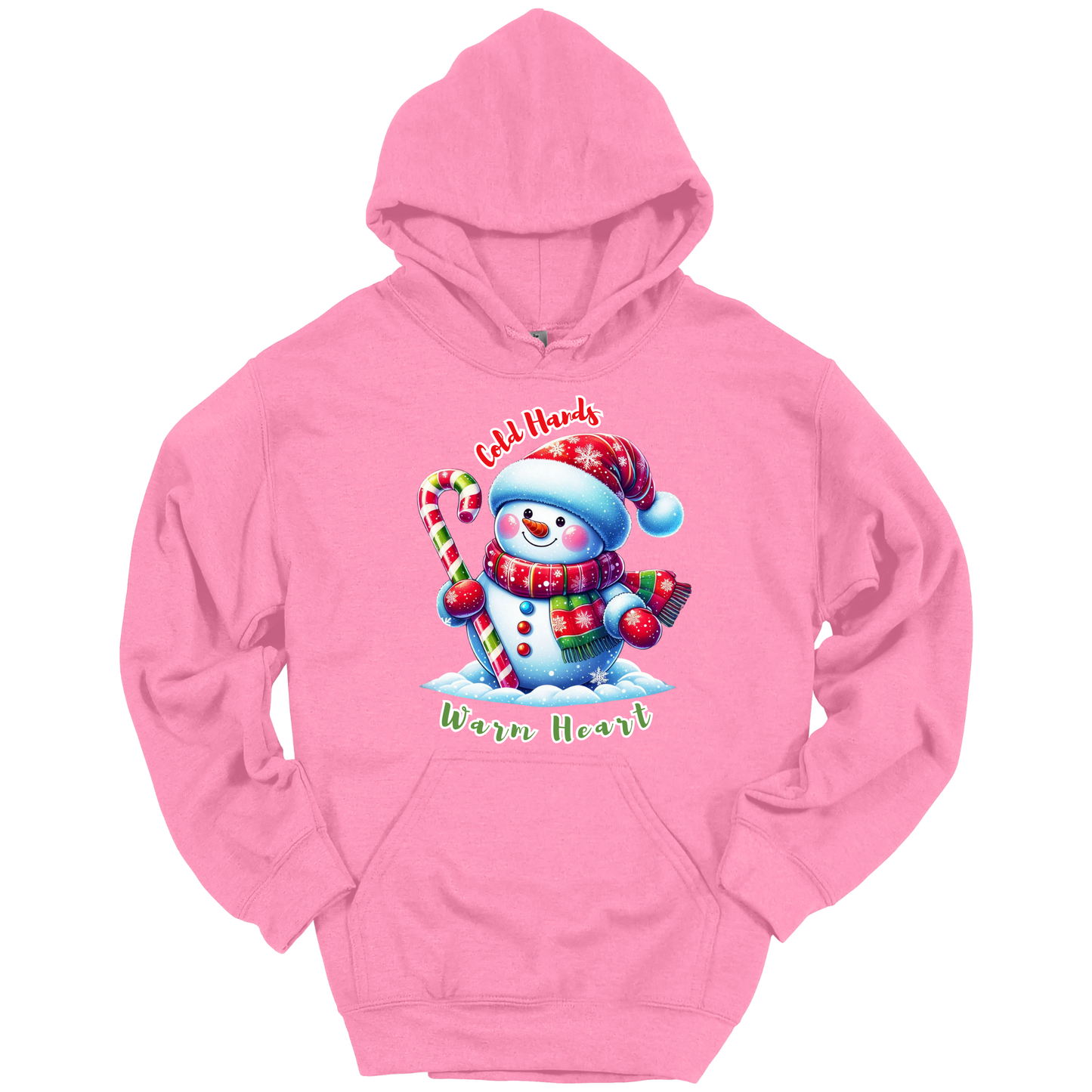 Pink Christmas hoodie with a snowman graphic with a text "Cold Hands Warm Hearts"