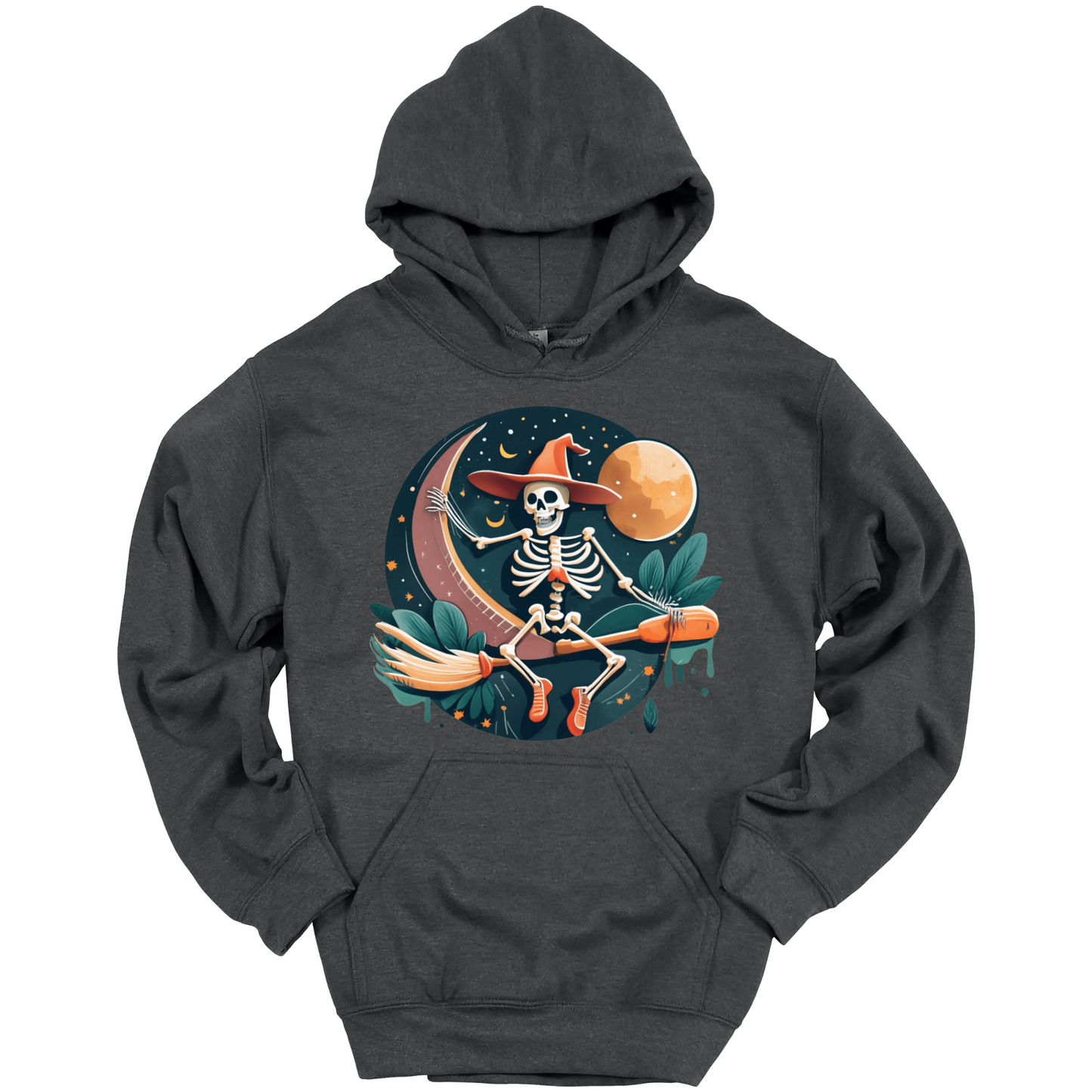 Dark gray halloween hoodie with a skeleton on a broomstick wearing a witch hat in the night time.