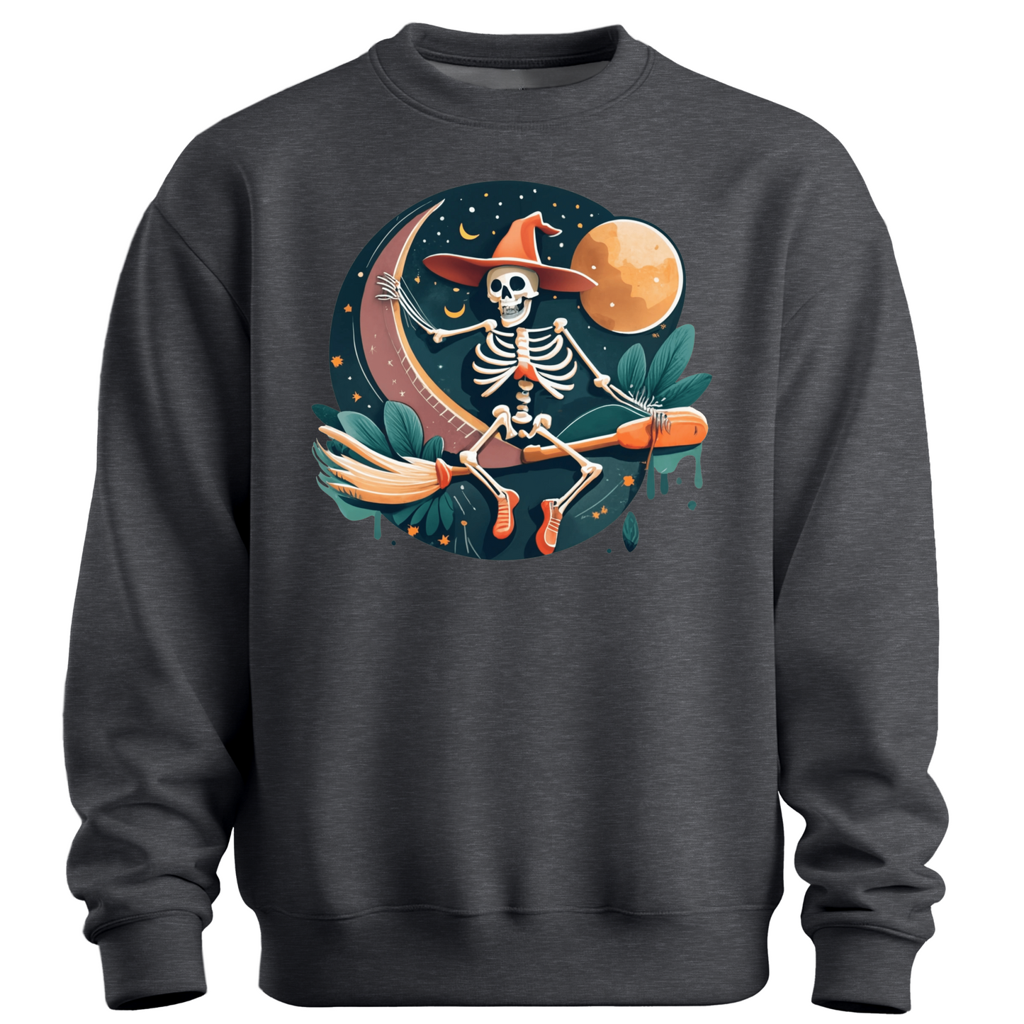 Dark gray halloween sweatshirt with a skeleton on a broomstick wearing a witch hat in the night time.