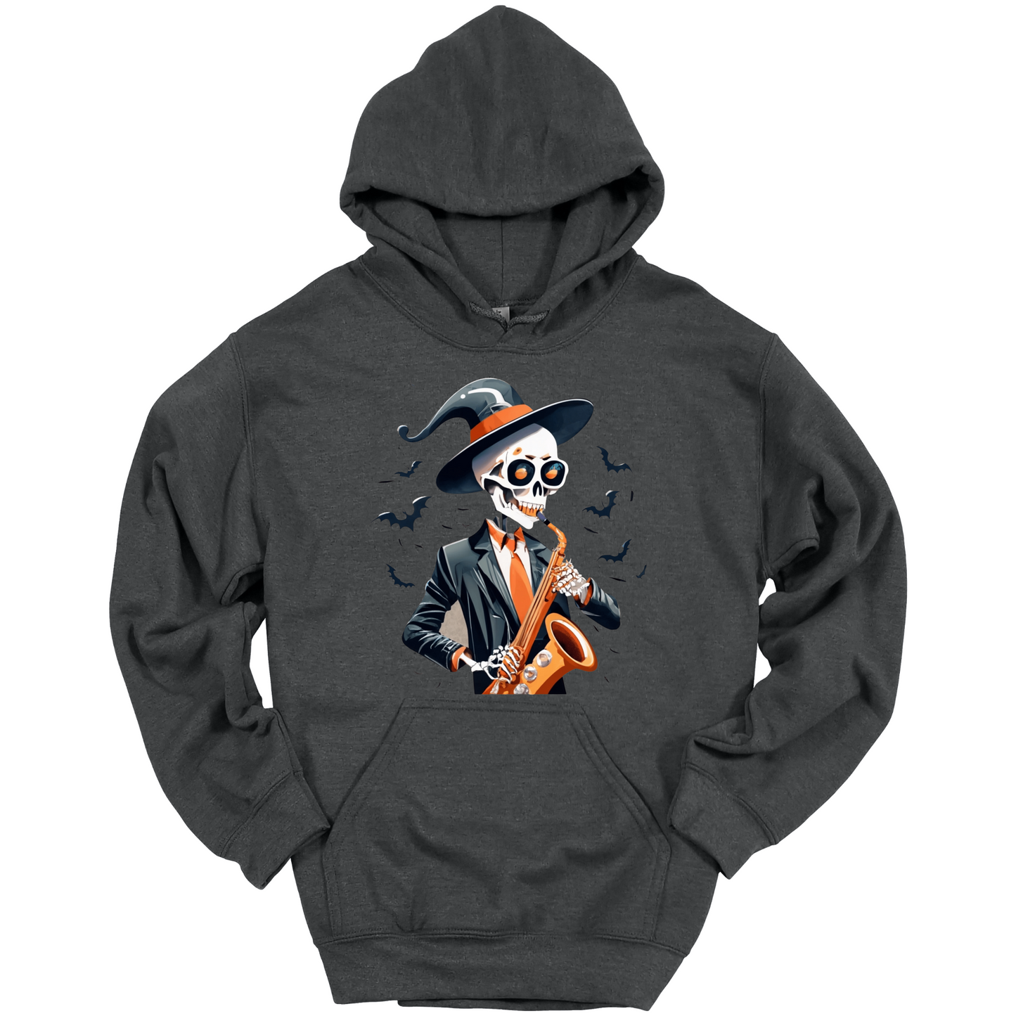 Dark gray halloween hoodie with a skeleton playing a saxophone and wearing a witch hat, surrounded by bats.