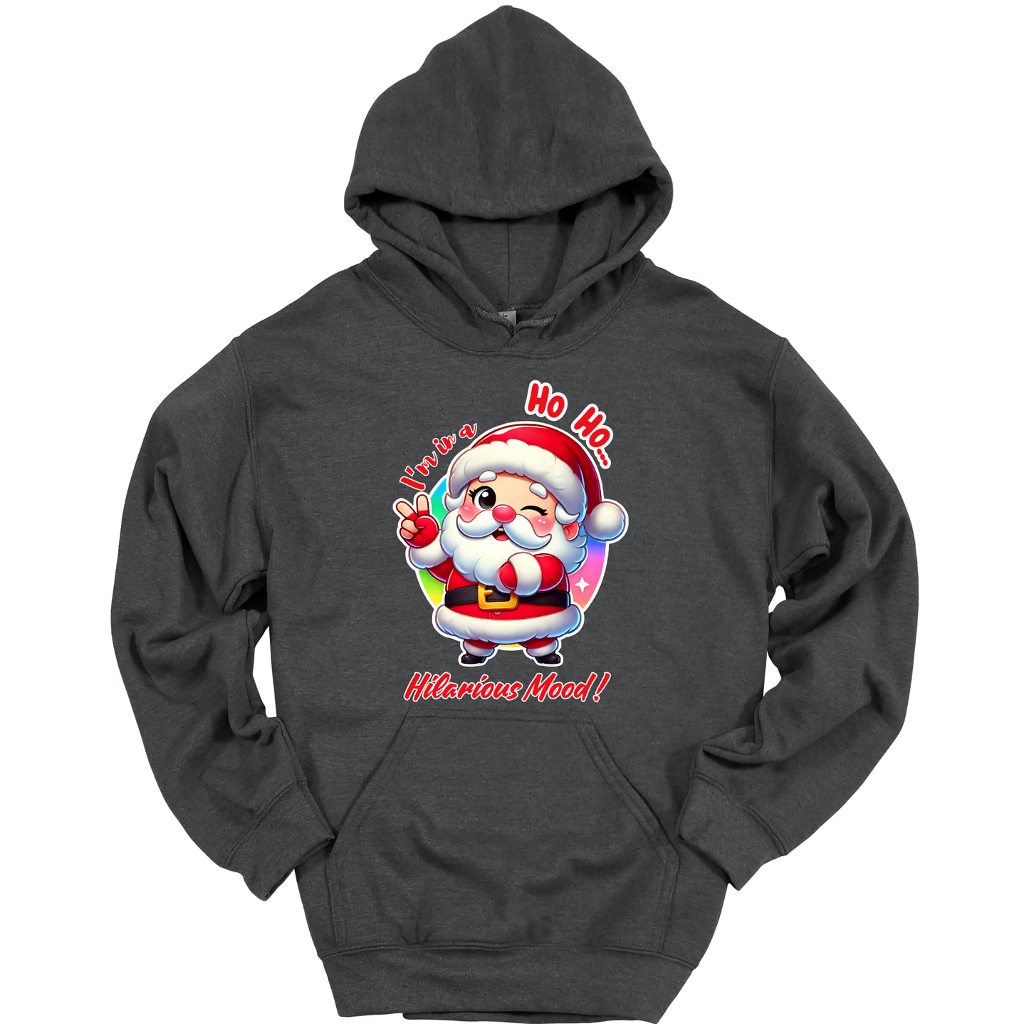 Dark gray Christmas hoodie with a cartoon Santa Claus design