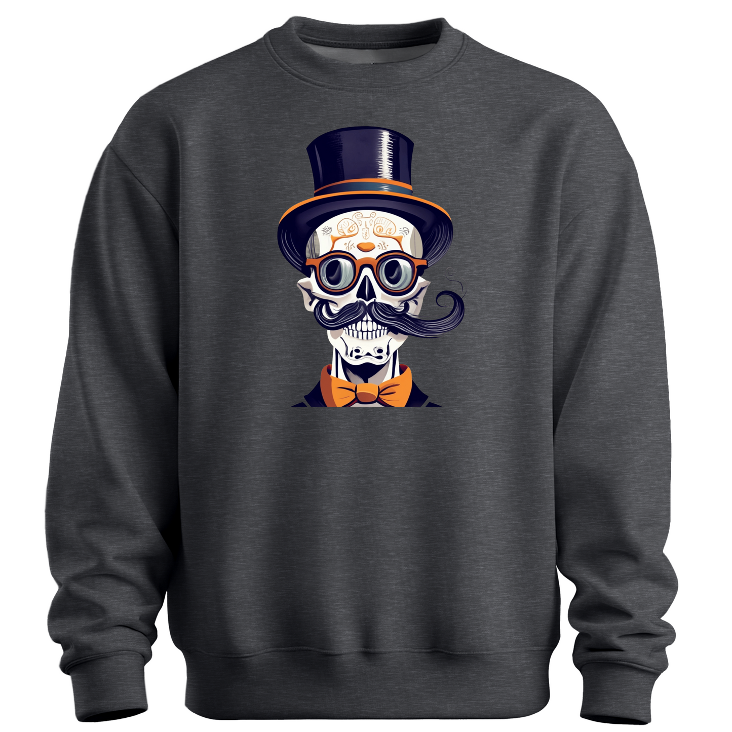 Dark gray halloween sweatshirt with a skull wearing a top hat, glasses and a bow tie.