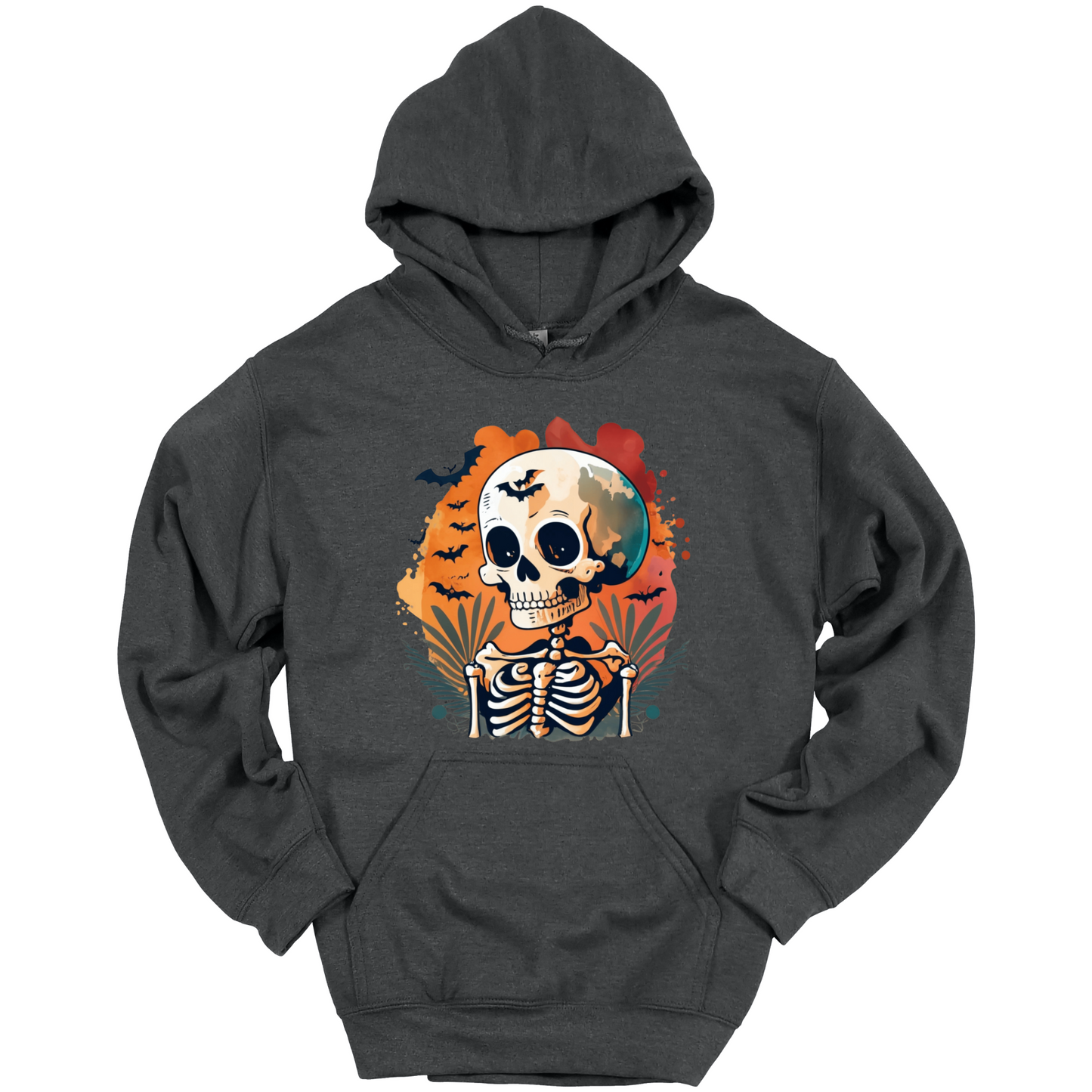 Dark gray hoodie with a Halloween-themed design featuring a skull and skeleton surrounded with bats.