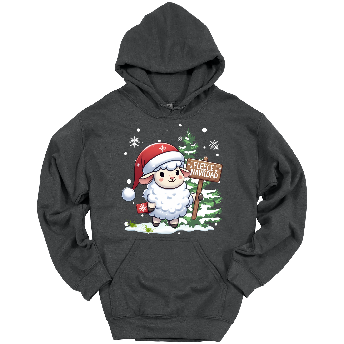 Dark gray Christmas hoodie with a Christmas-themed design featuring a sheep in a Santa hat and a sign.