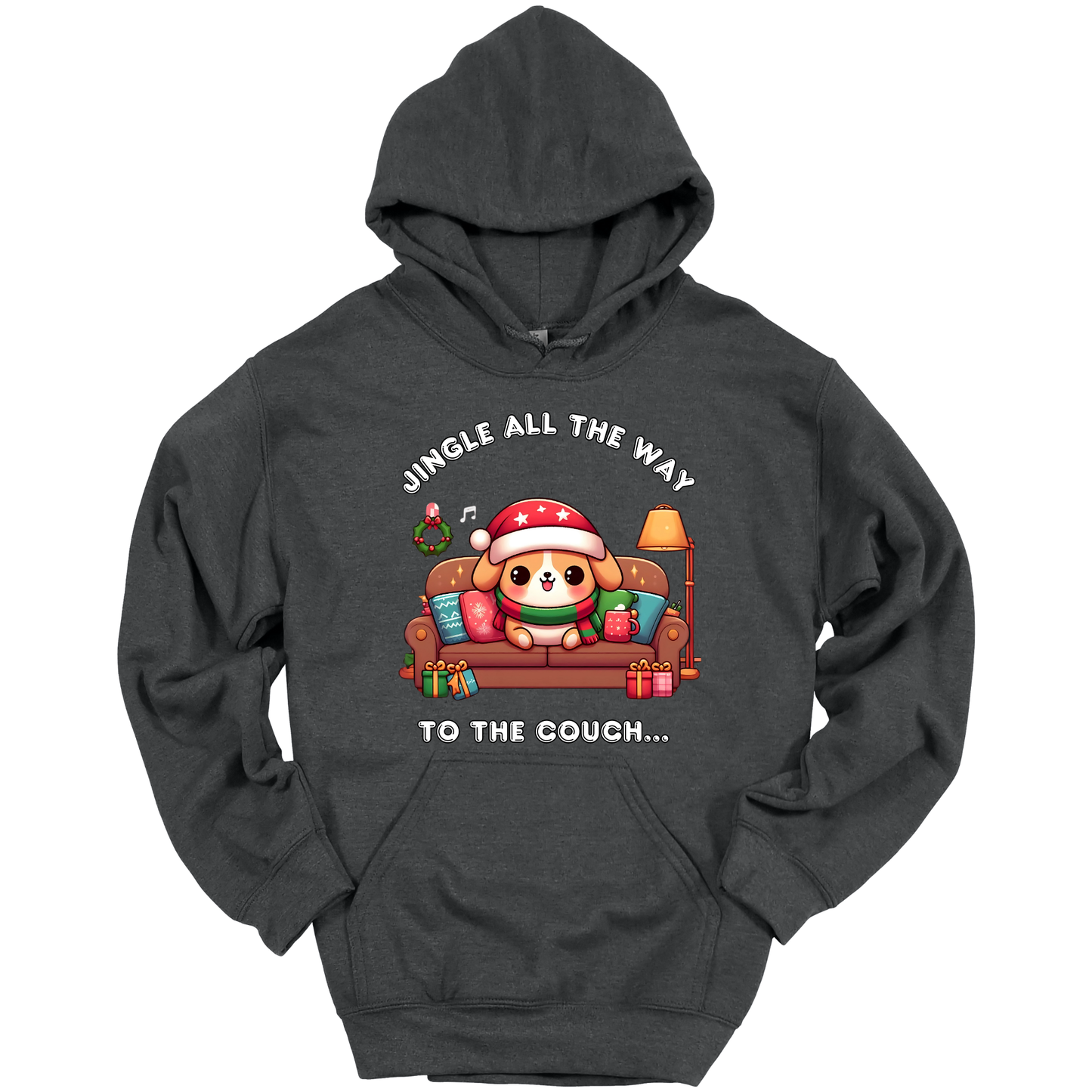 Dark gray hoodie with Christmas-themed design of a dog on a couch and text 'Jingle all the way to the couch'.
