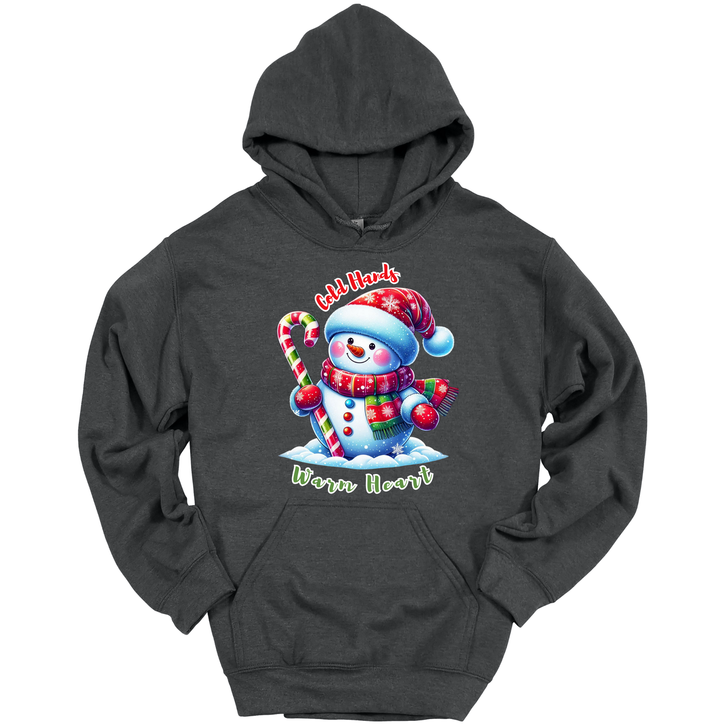Dark gray Christmas hoodie with a snowman graphic with a text "Cold Hands Warm Hearts"