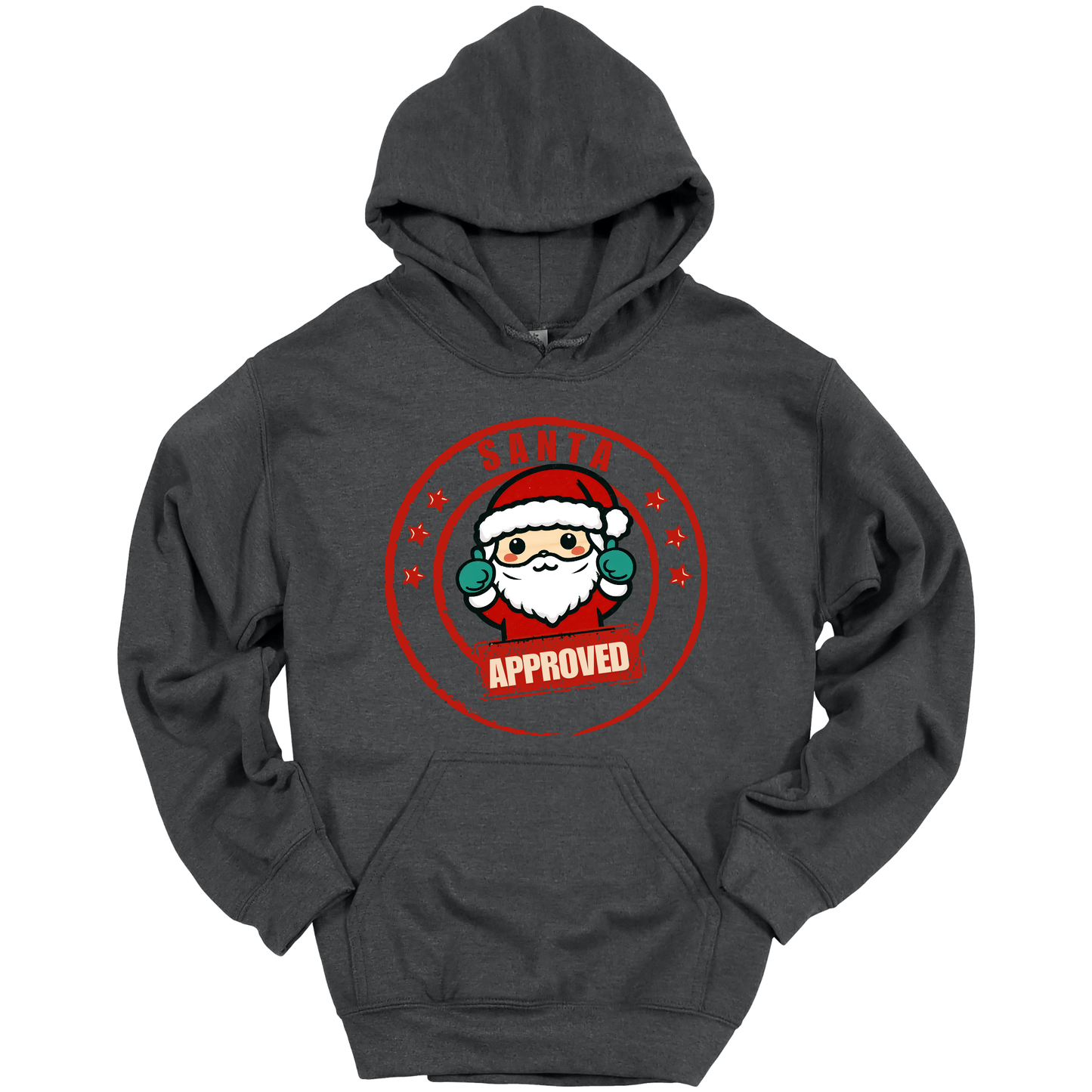 Dark gray Christmas hoodie with a Santa Claus graphic and 'Approved' text.