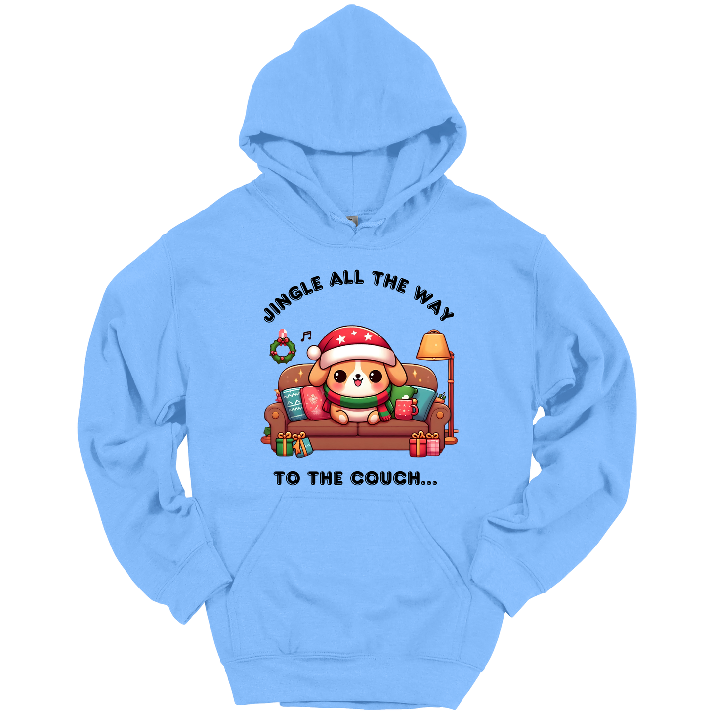 Light blue hoodie with Christmas-themed design of a dog on a couch and text 'Jingle all the way to the couch'.