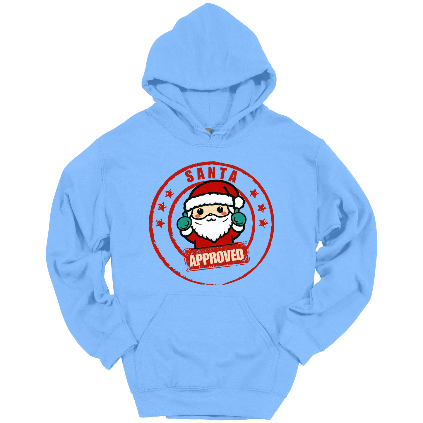Light blue Christmas hoodie with a Santa Claus graphic and 'Approved' text.