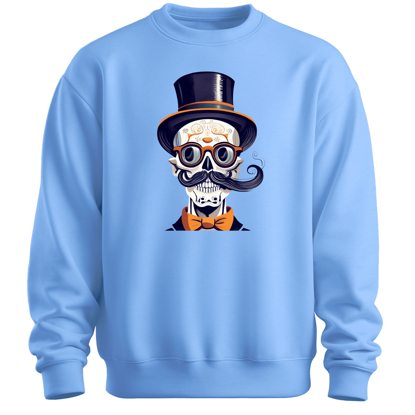 Light blue halloween sweatshirt with a skull wearing a top hat, glasses and a bow tie.