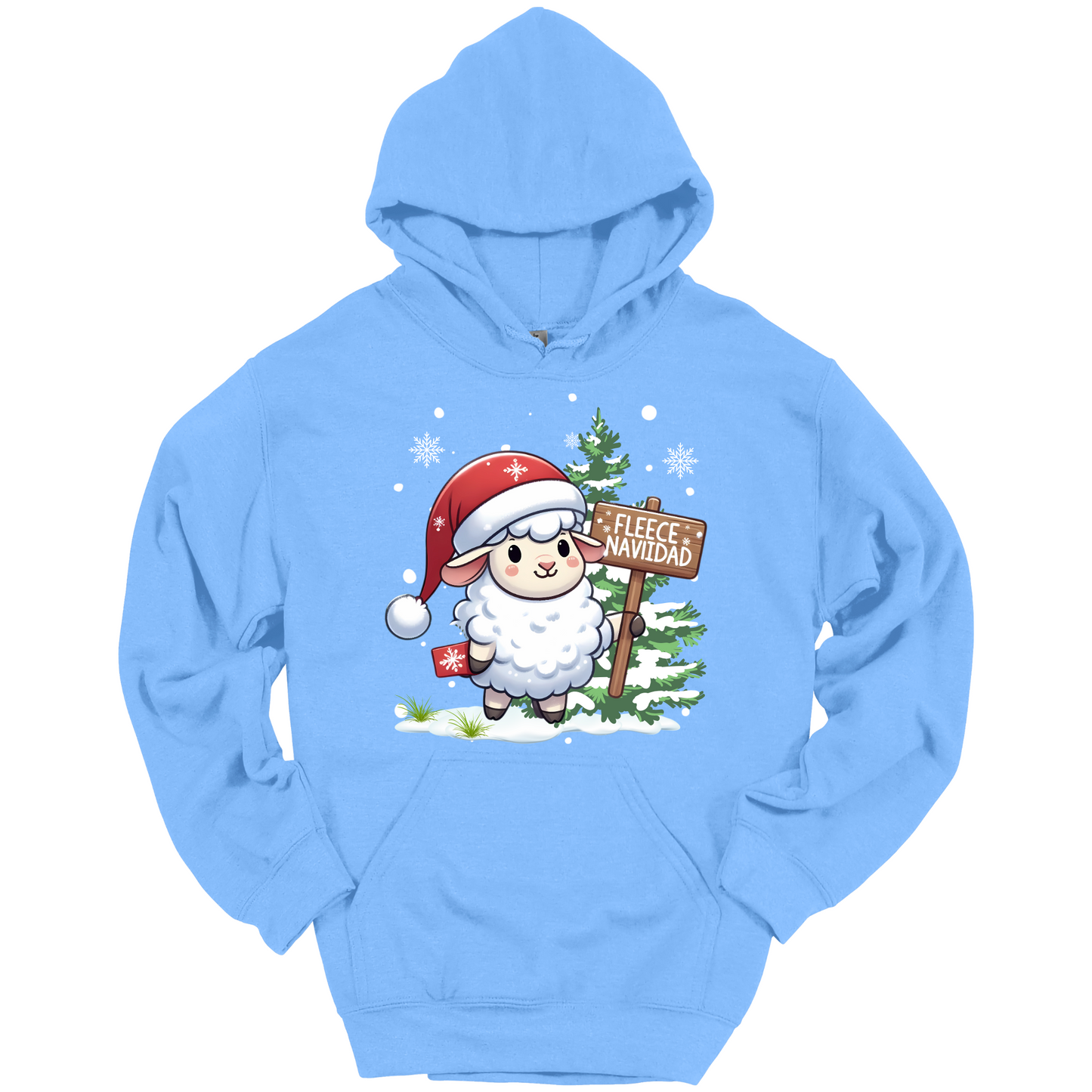 Light blue Christmas hoodie with a Christmas-themed design featuring a sheep in a Santa hat and a sign.