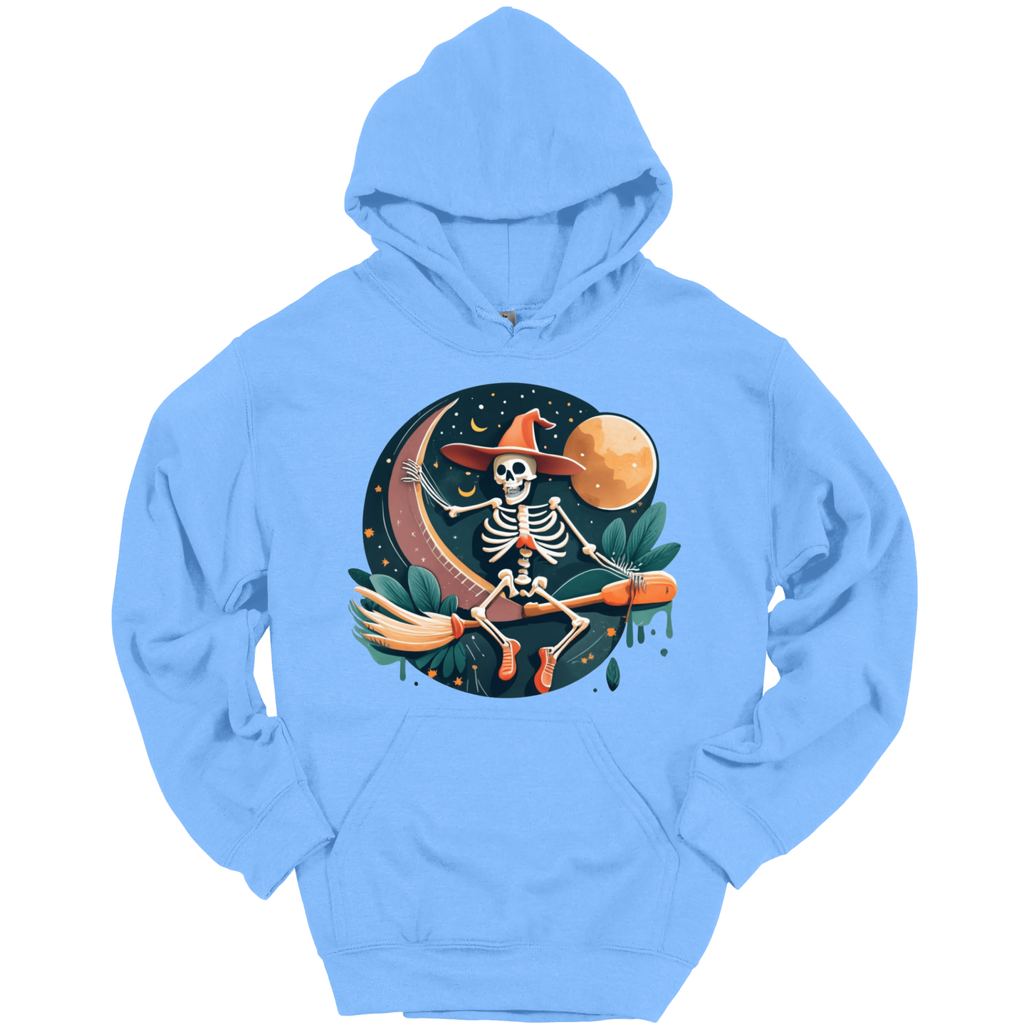 Light blue halloween hoodie with a skeleton on a broomstick wearing a witch hat in the night time.