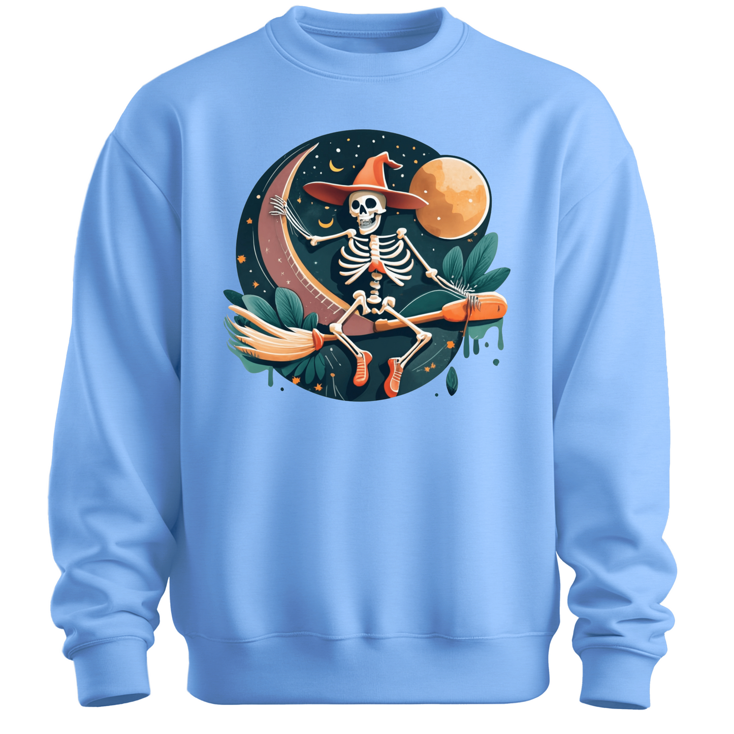 Light blue halloween sweatshirt with a skeleton on a broomstick wearing a witch hat in the night time.
