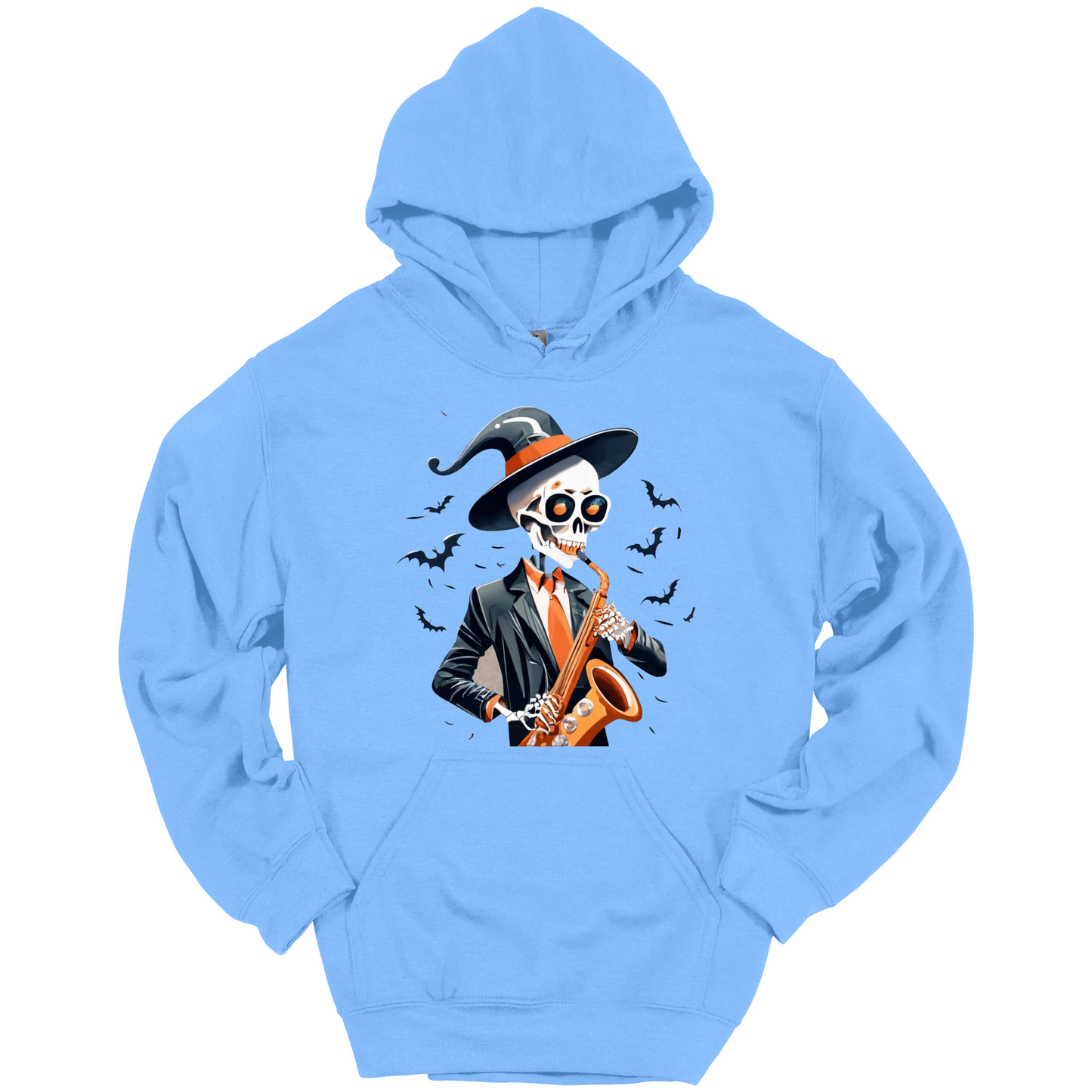 Light blue halloween hoodie with a skeleton playing a saxophone and wearing a witch hat, surrounded by bats.