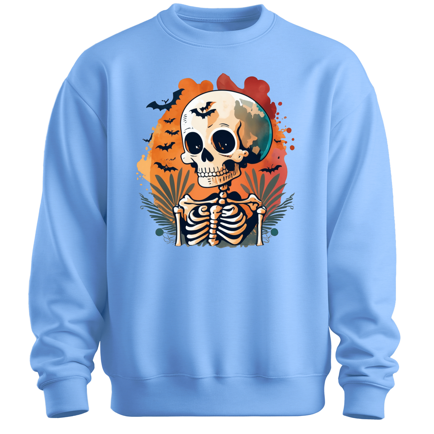 Light blue sweatshirt with a Halloween-themed design featuring a skeleton and skull surrounded with bats.