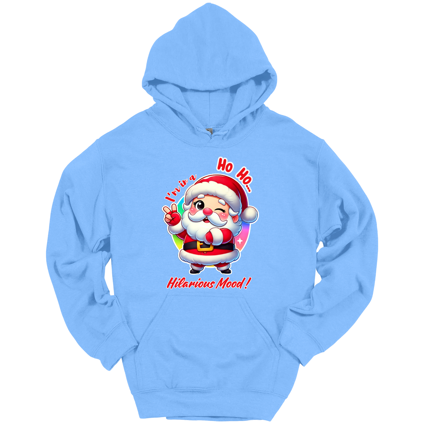 Light blue Christmas hoodie with a cartoon Santa Claus design