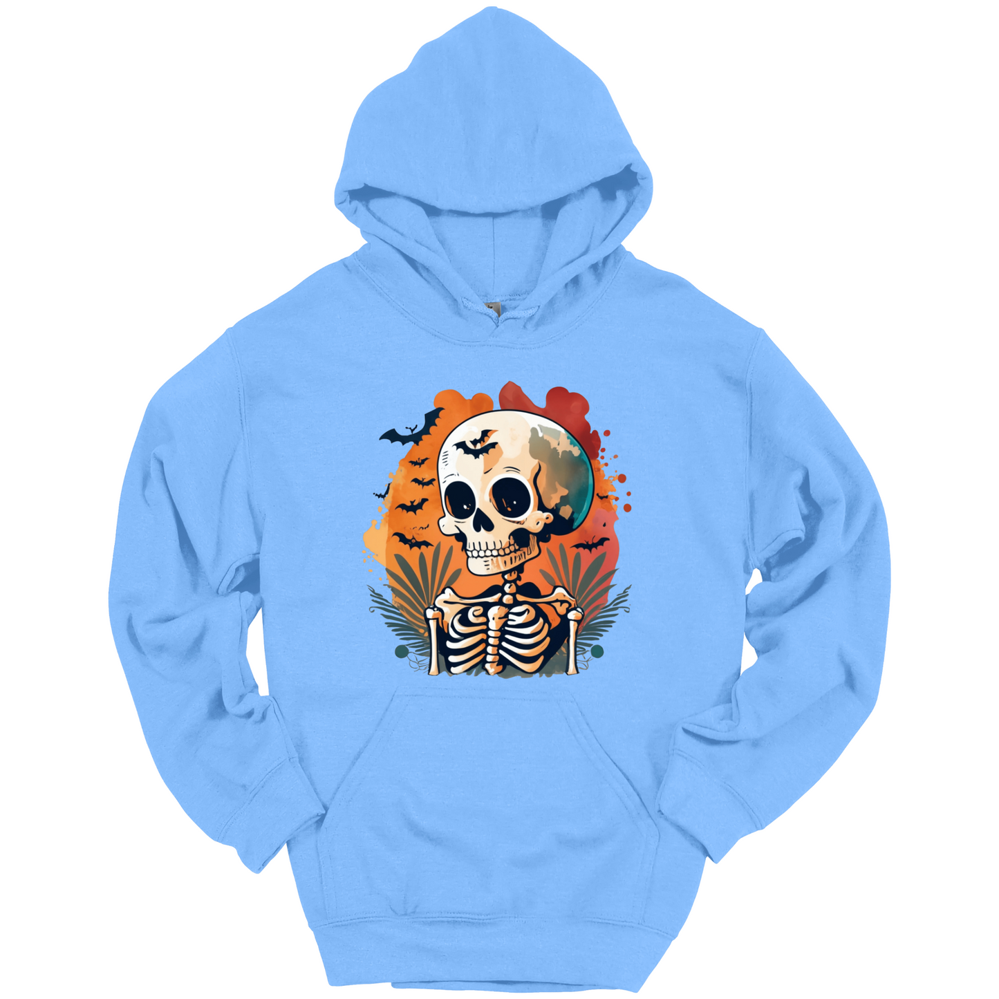 Light blue hoodie with a Halloween-themed design featuring a skull and skeleton surrounded with bats.